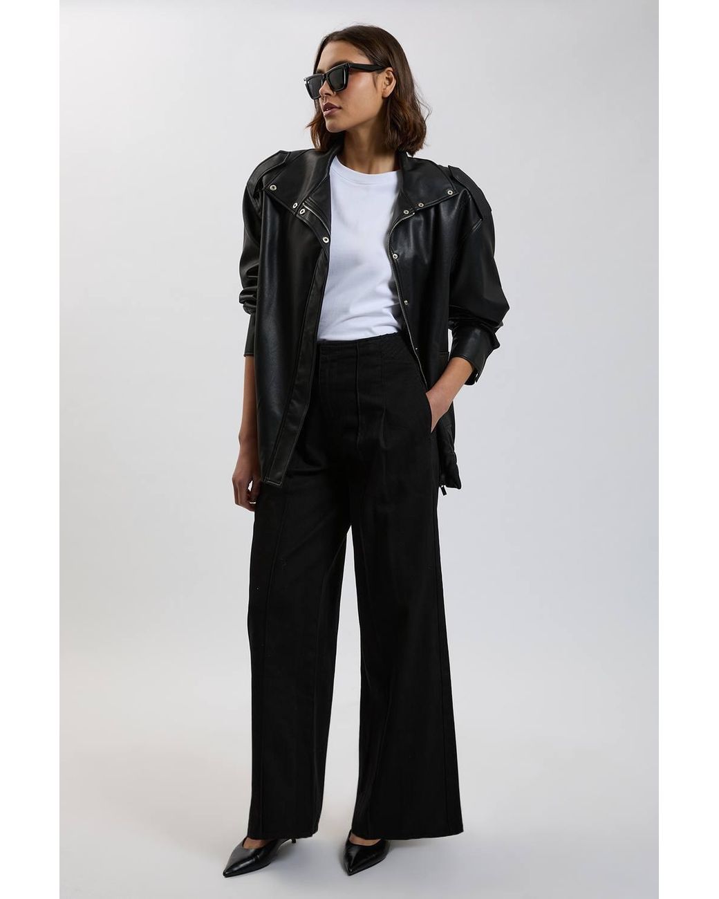 Karen Millen Black Denim Seam Detail Wide Leg Jeans