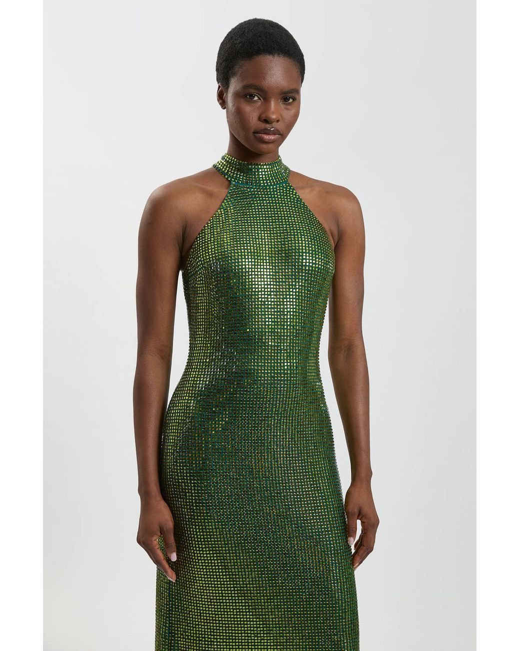 Karen Millen Green Premium Crystal Embellished Halter Neck Maxi Dress