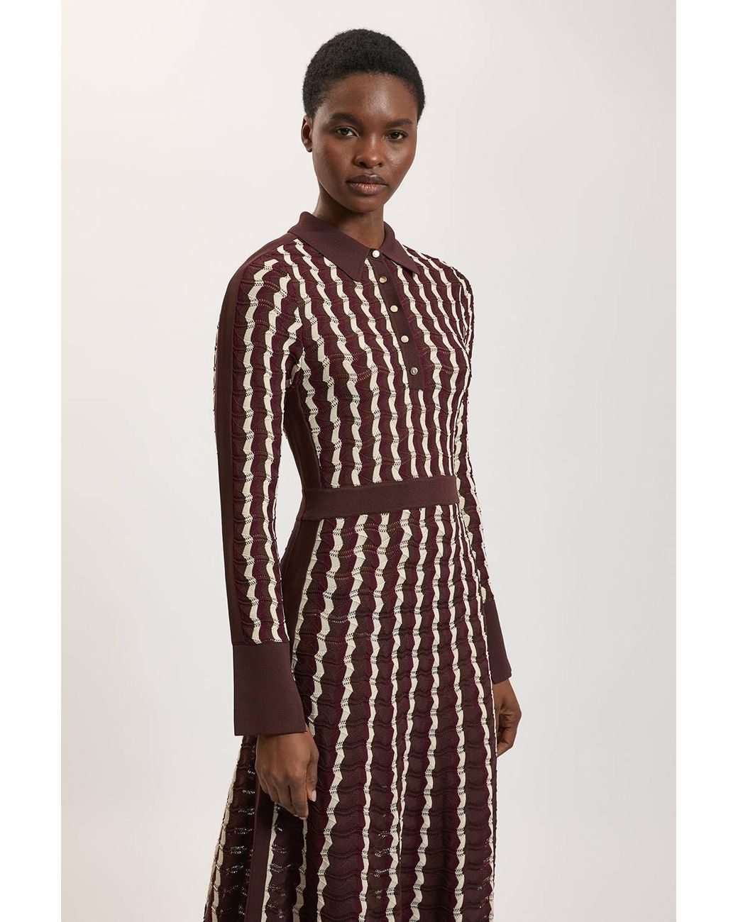 Karen Millen Knit Pointelle Contrast Collared Midi Dress