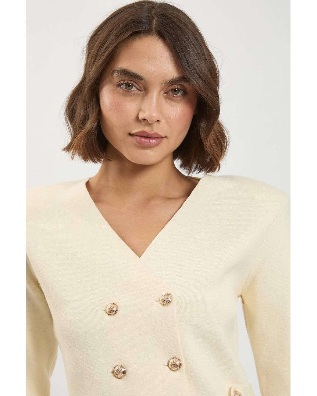 Karen Millen Natural Wool Look Military Double Breasted Knitted Cardigan Sweater