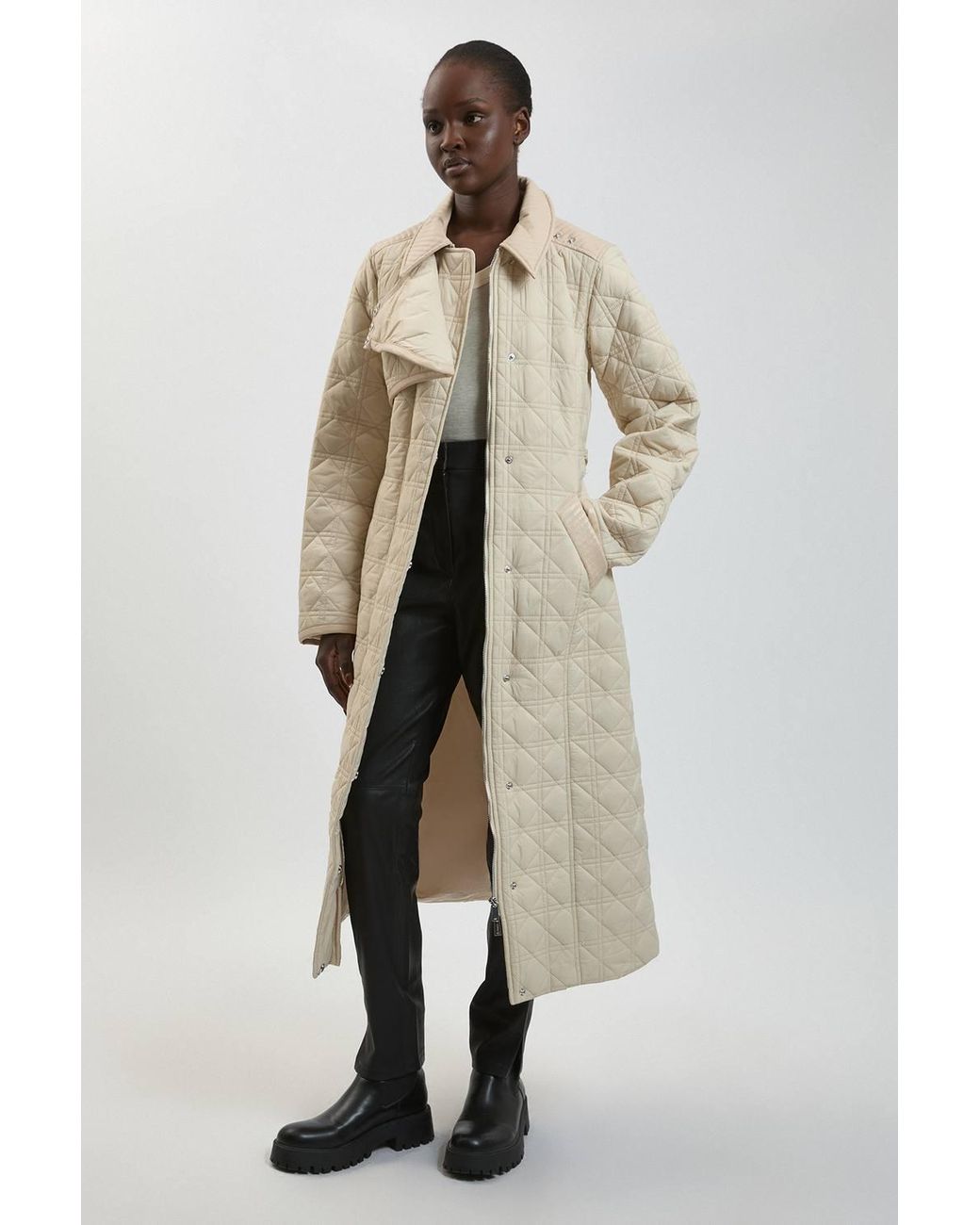 Karen Millen Natural Quilted & Pu Mix Belted Padded Midi Coat