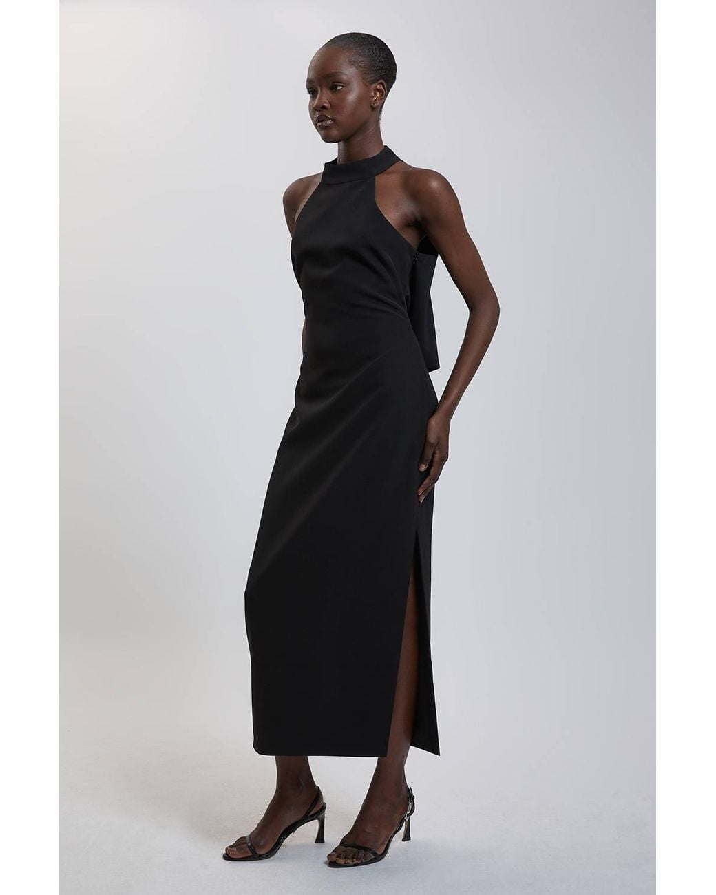 Karen Millen Black Petite Soft Tailored Halter Neck Open Back Maxi Dress