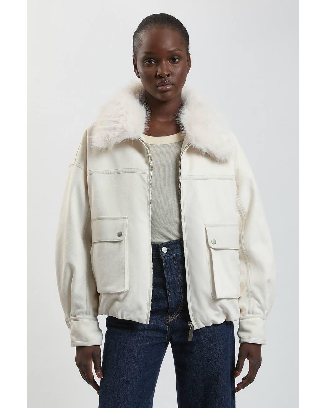 Karen Millen Blue Faux Leather Mix Short Bomber Jacket