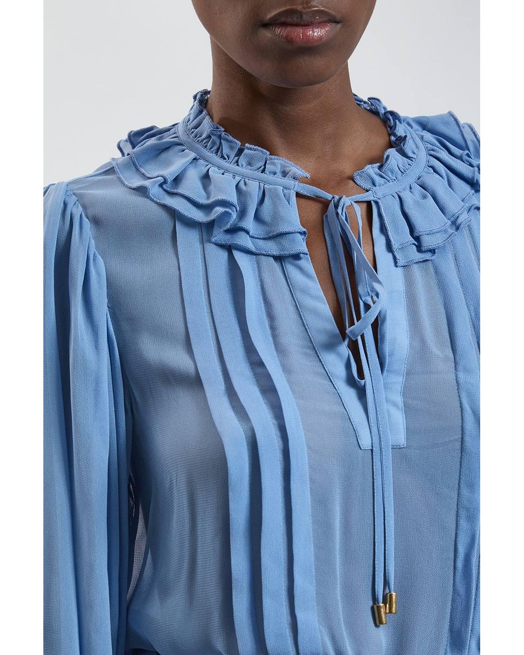 Karen Millen Blue Viscose Georgette Frill Neck Blouse