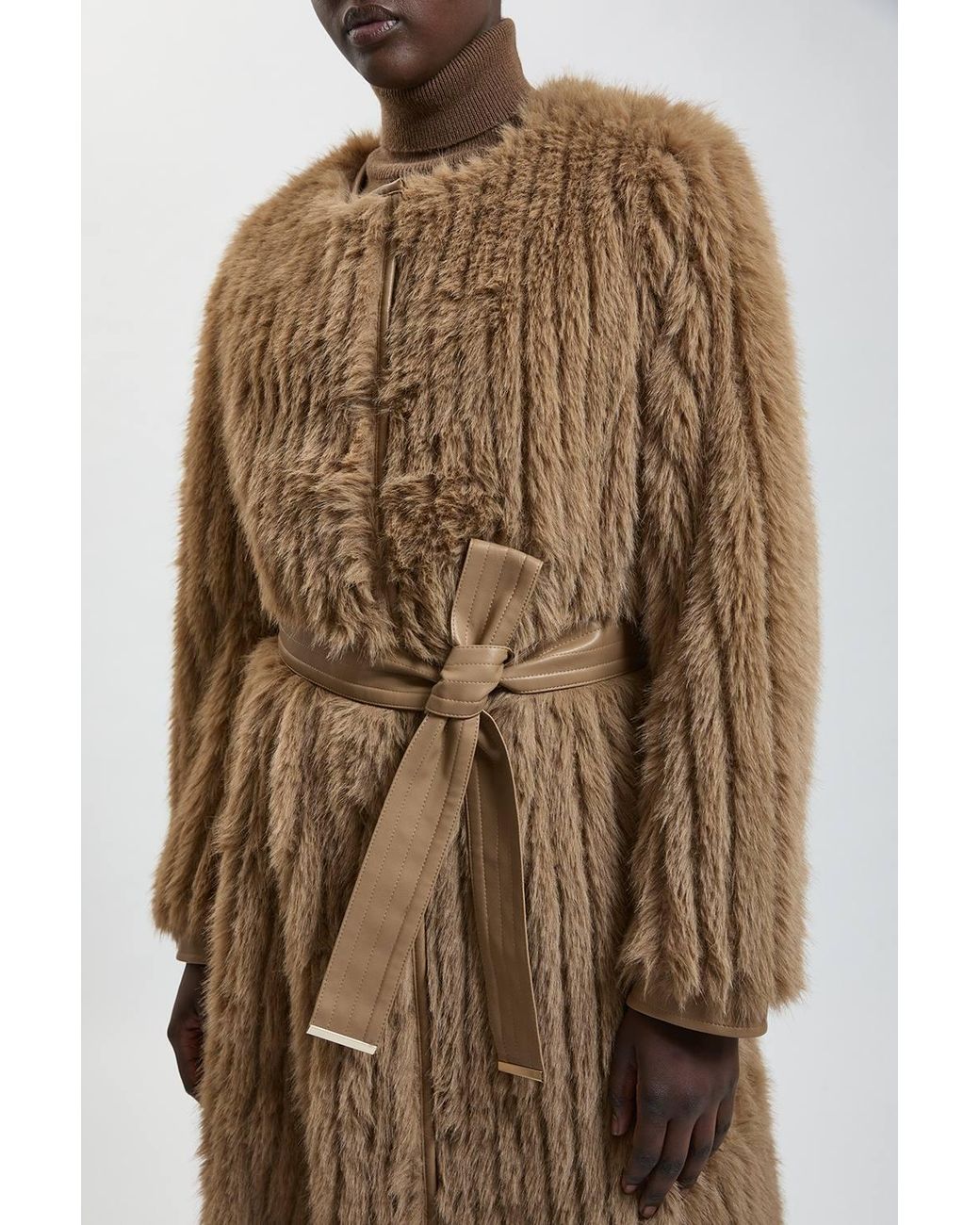 Karen Millen Natural Textured Faux Fur Belted Collarless Long Coat
