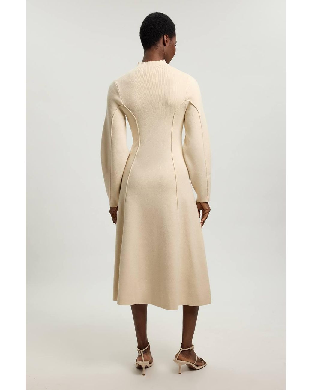 Karen Millen Natural Wool Look Rounded Sleeve High Neck Knit Midi Dress