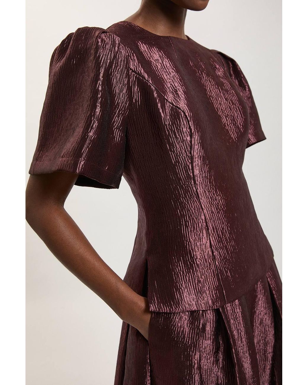 Karen Millen Metallic Textured Puff Sleeve Top