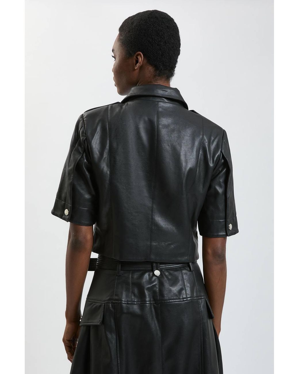 Karen Millen Black Faux Leather Cropped Trench Jacket