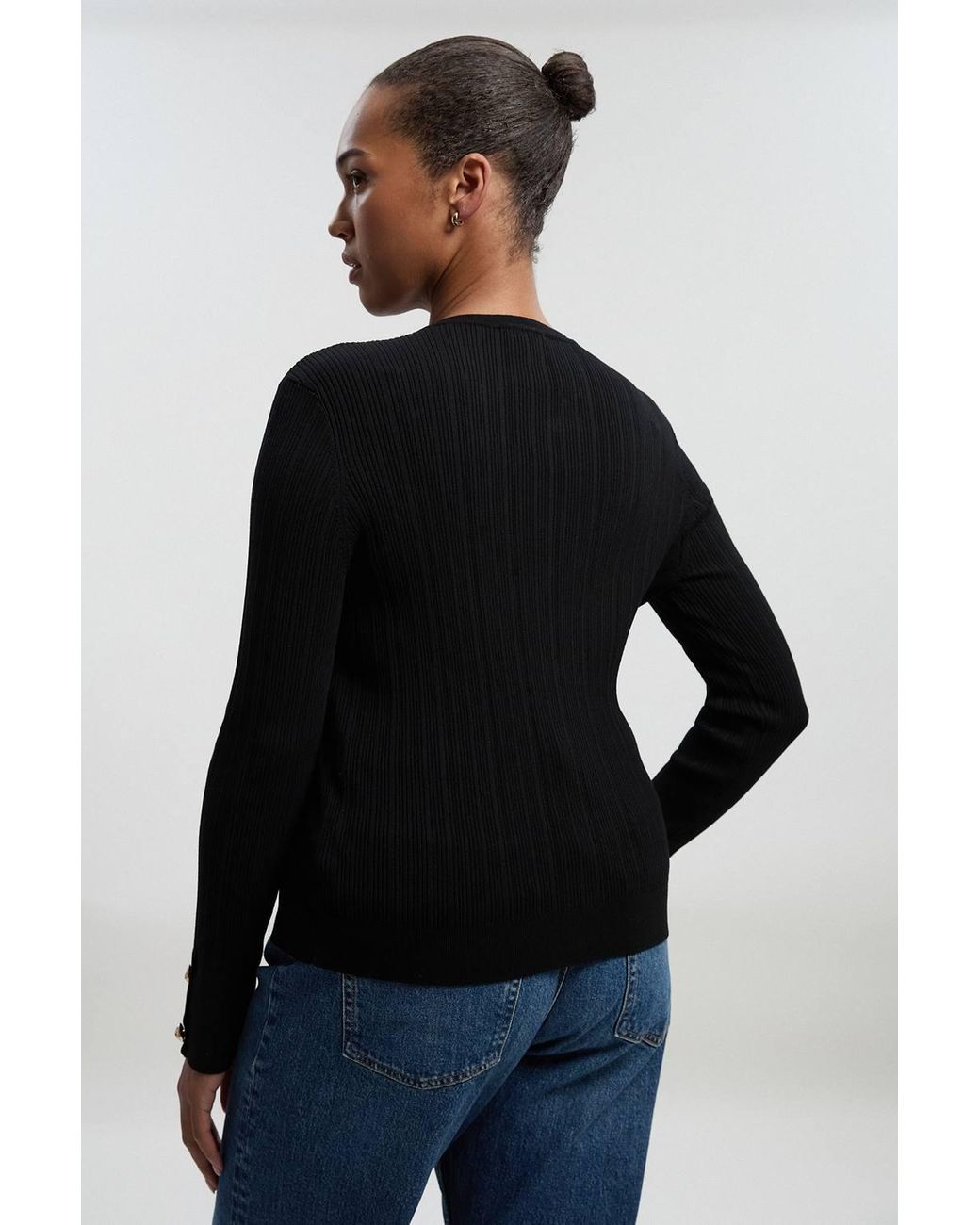 Karen Millen Black Plus Size Forever Military Trim Rib Long Sleeve Knit Top