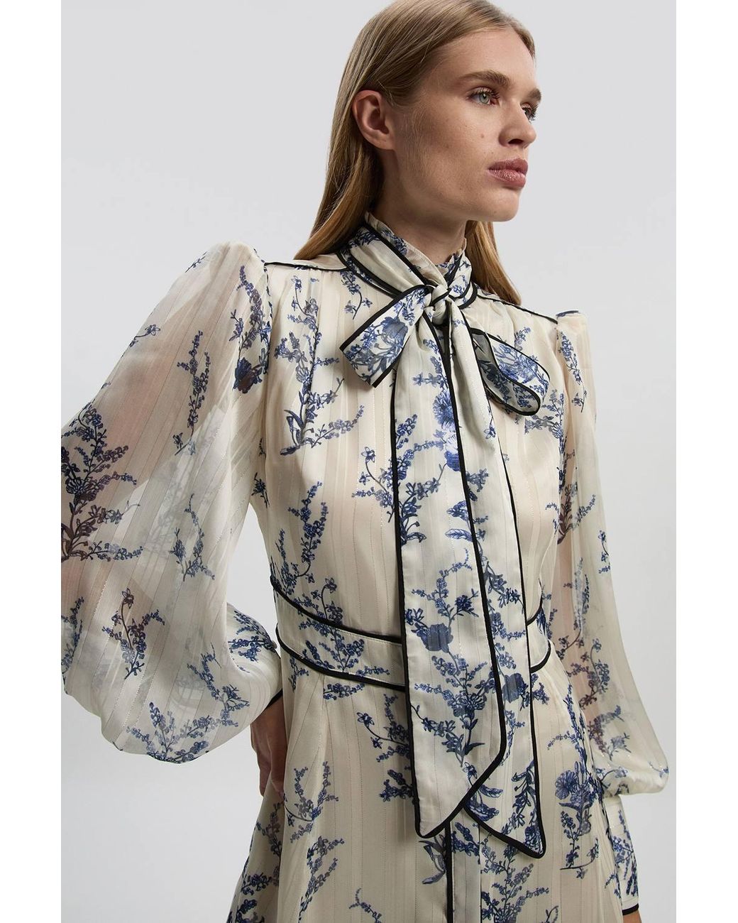 Karen Millen Blue Floral Print Tie Neck Woven Balloon Sleeve Midaxi Dress