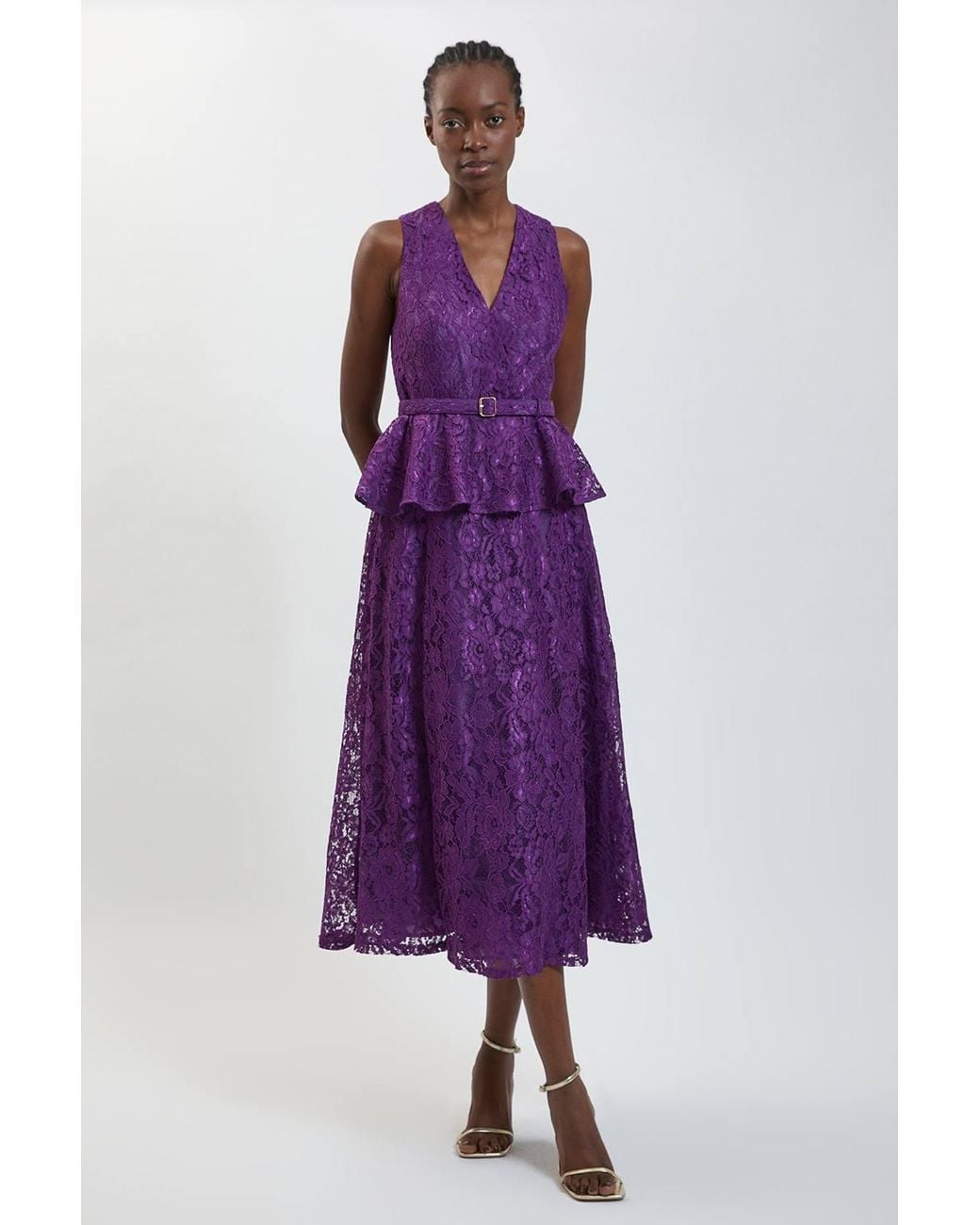 Karen Millen Purple Peplum Detail Belted Lace Midi Dress