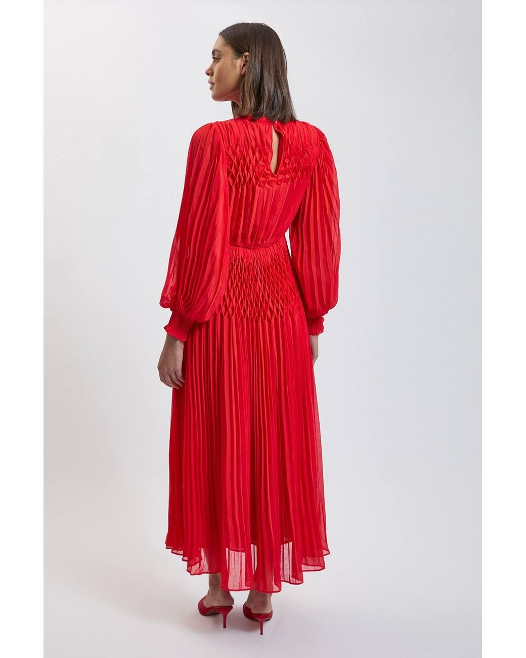 Karen Millen Red Pleated Beaded Detail Balloon Sleeve Maxi Dress