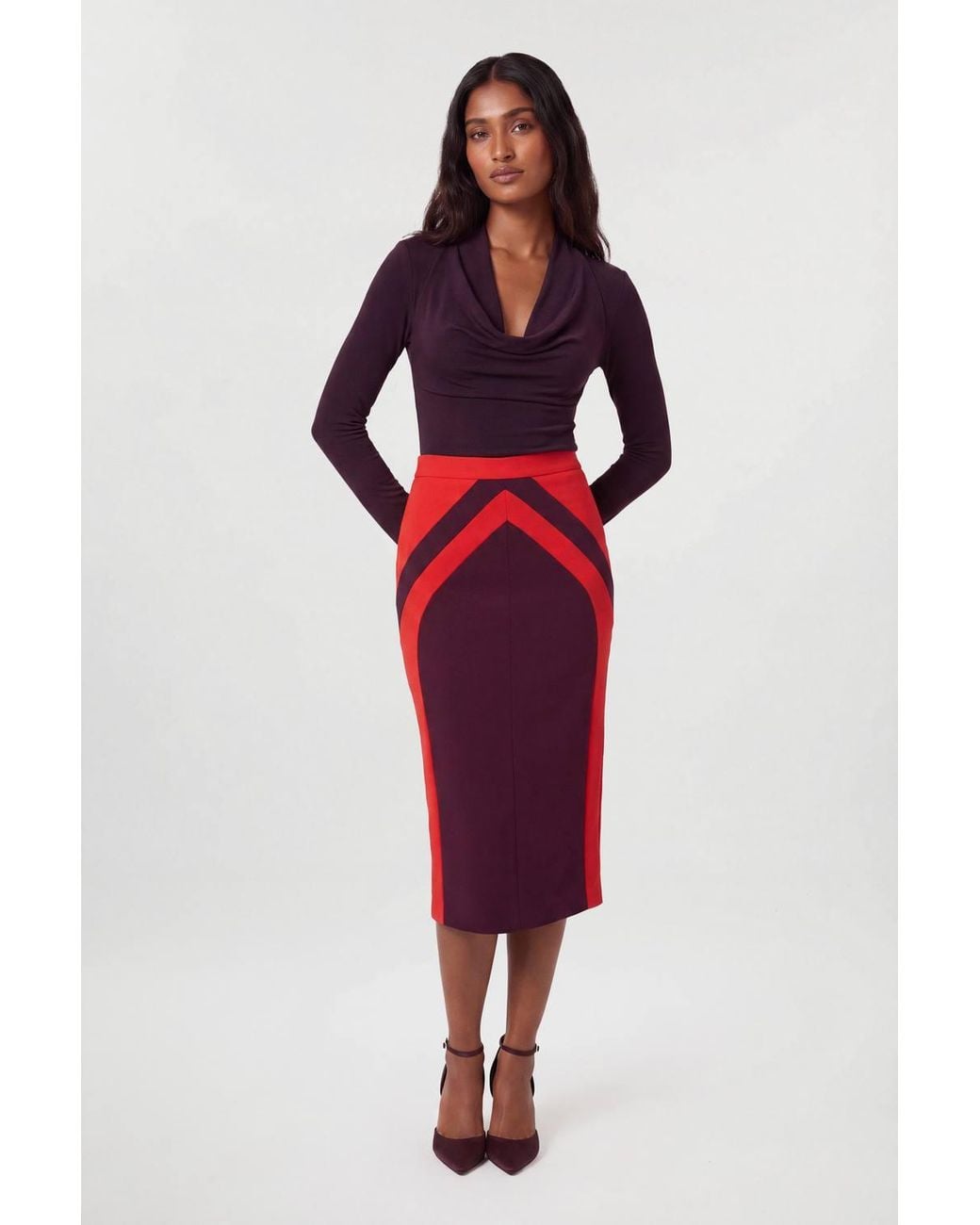 Karen Millen Compact Stretch Colour Block Tailored Pencil Midi Skirt