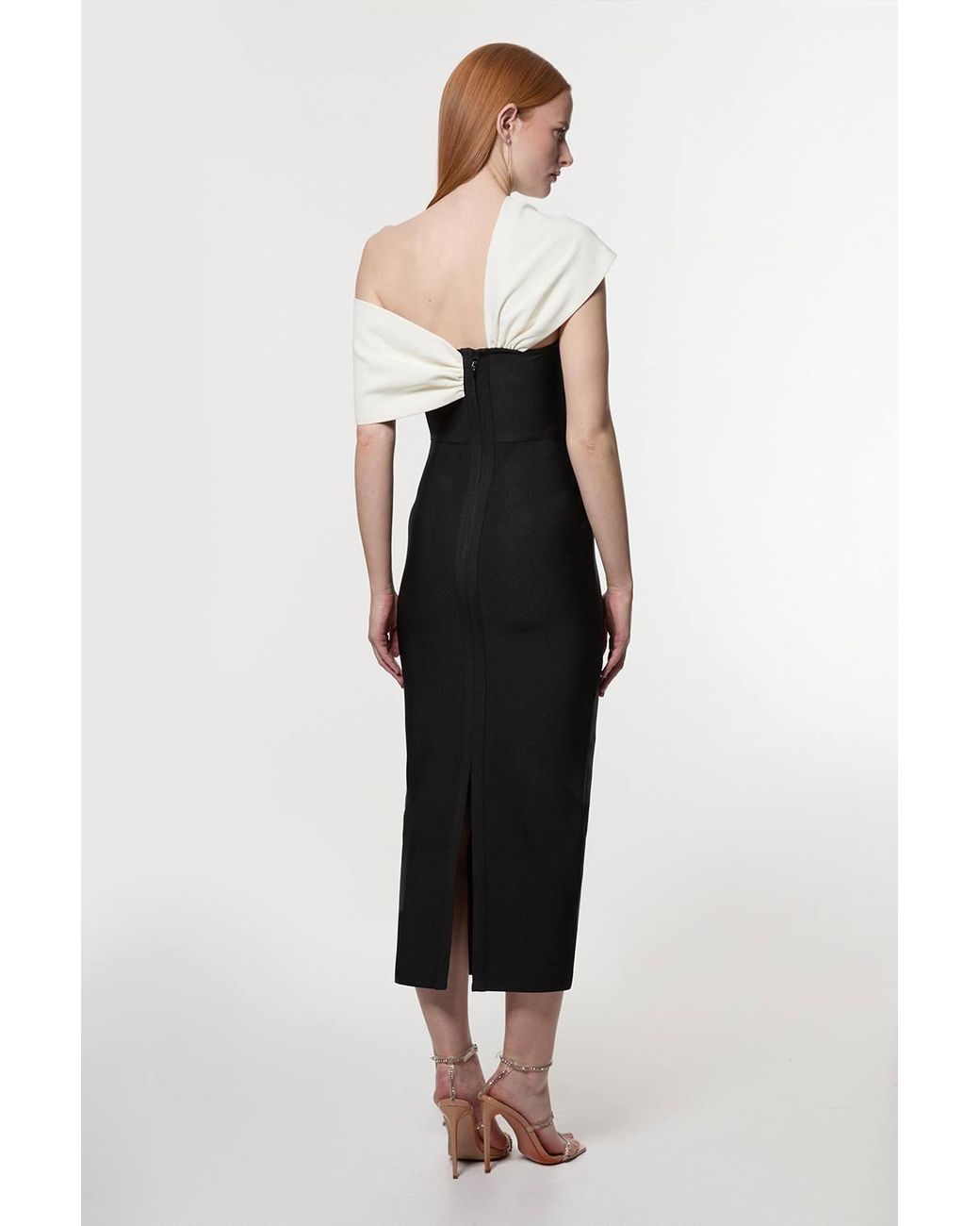 Karen Millen Black Figure Form Bandage Asymmetric Strap Knit Midi Dress