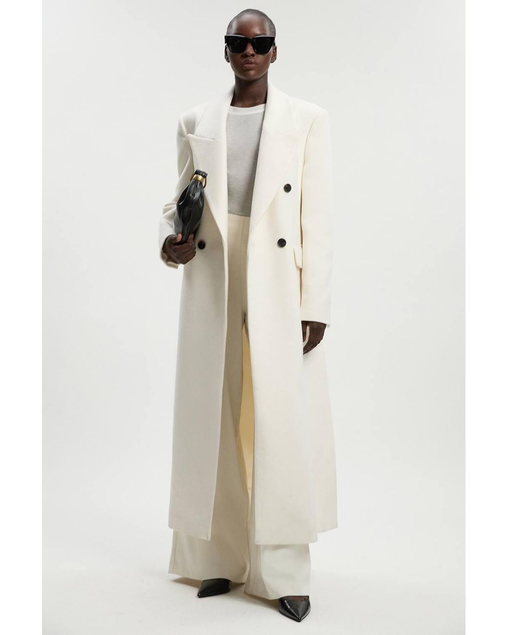 Karen Millen White Petite Brushed Wool Oversized Double Breasted Tailored Maxi Coat