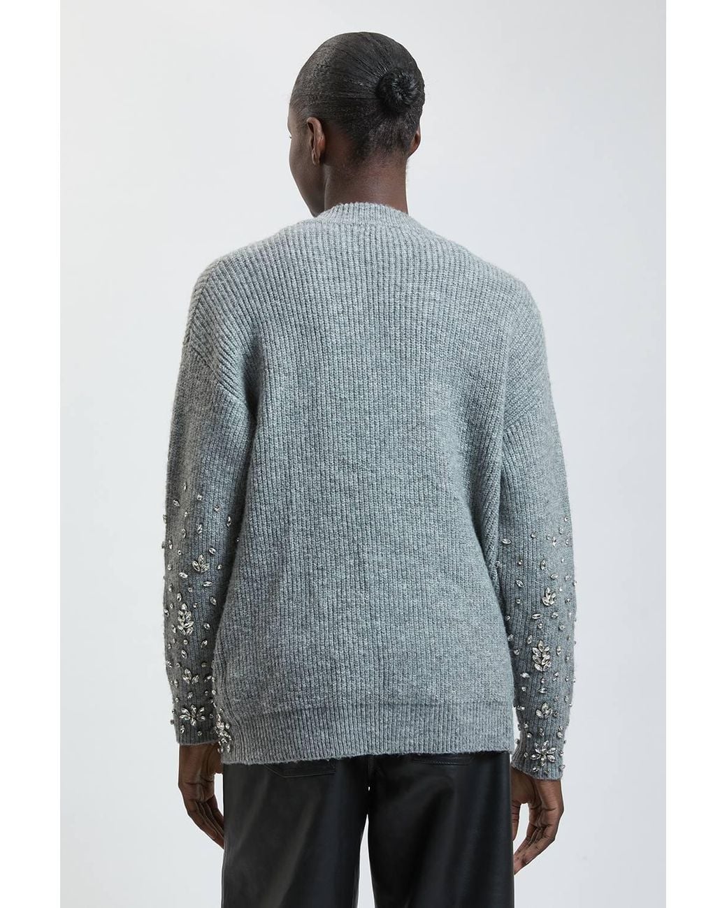 Karen Millen Gray Wool Blend Embellished Cosy Knitted Cardigan Sweater