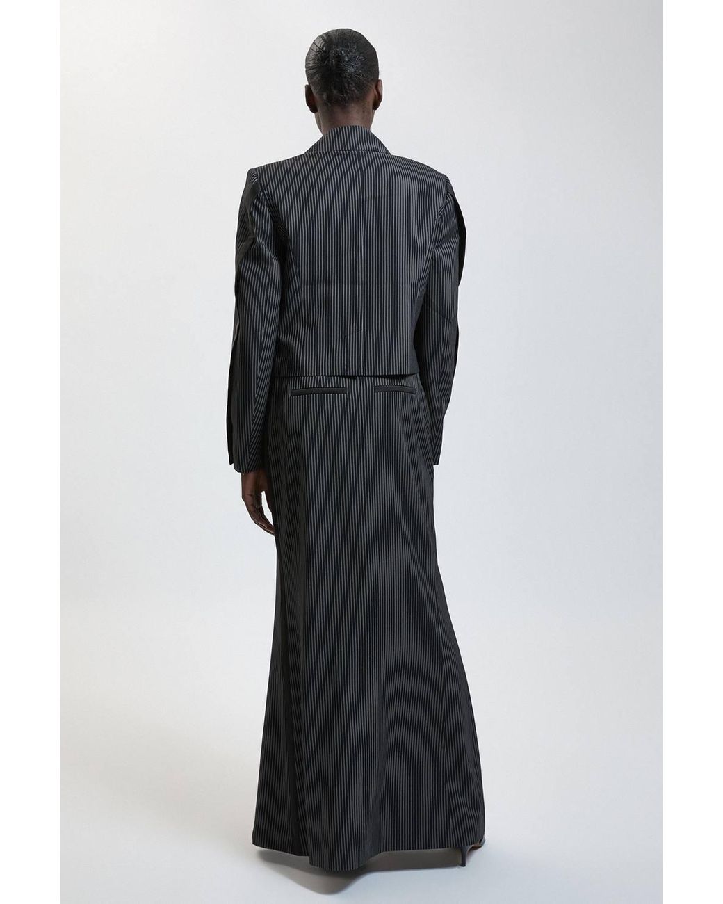 Karen Millen Black Pinstripe Satin Mix Tailored Maxi Skirt