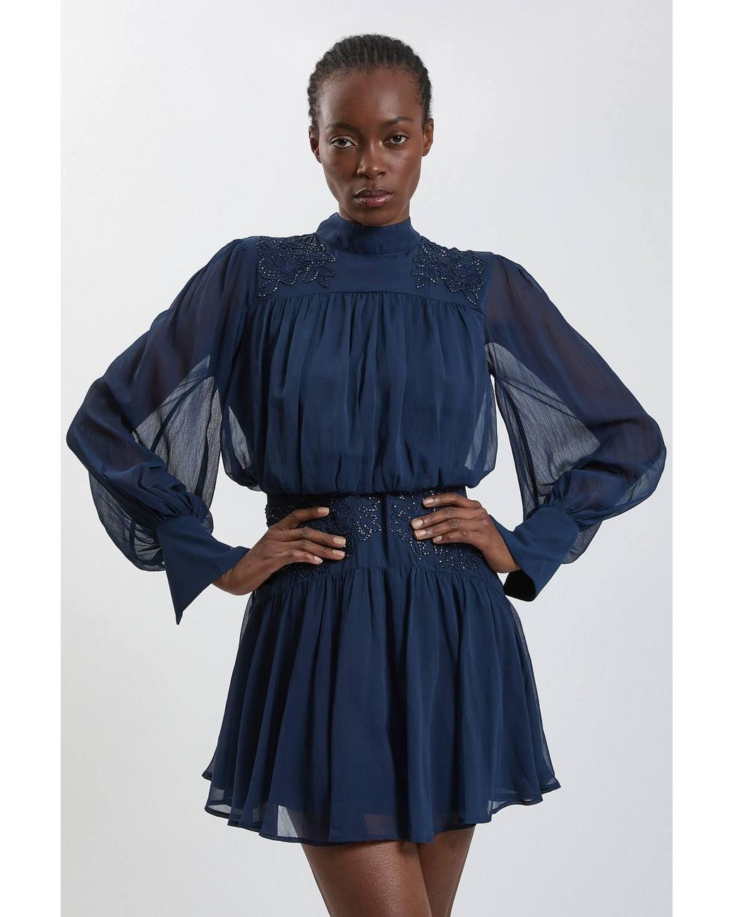 Karen Millen Blue Hand Embellished Georgette Mini Dress