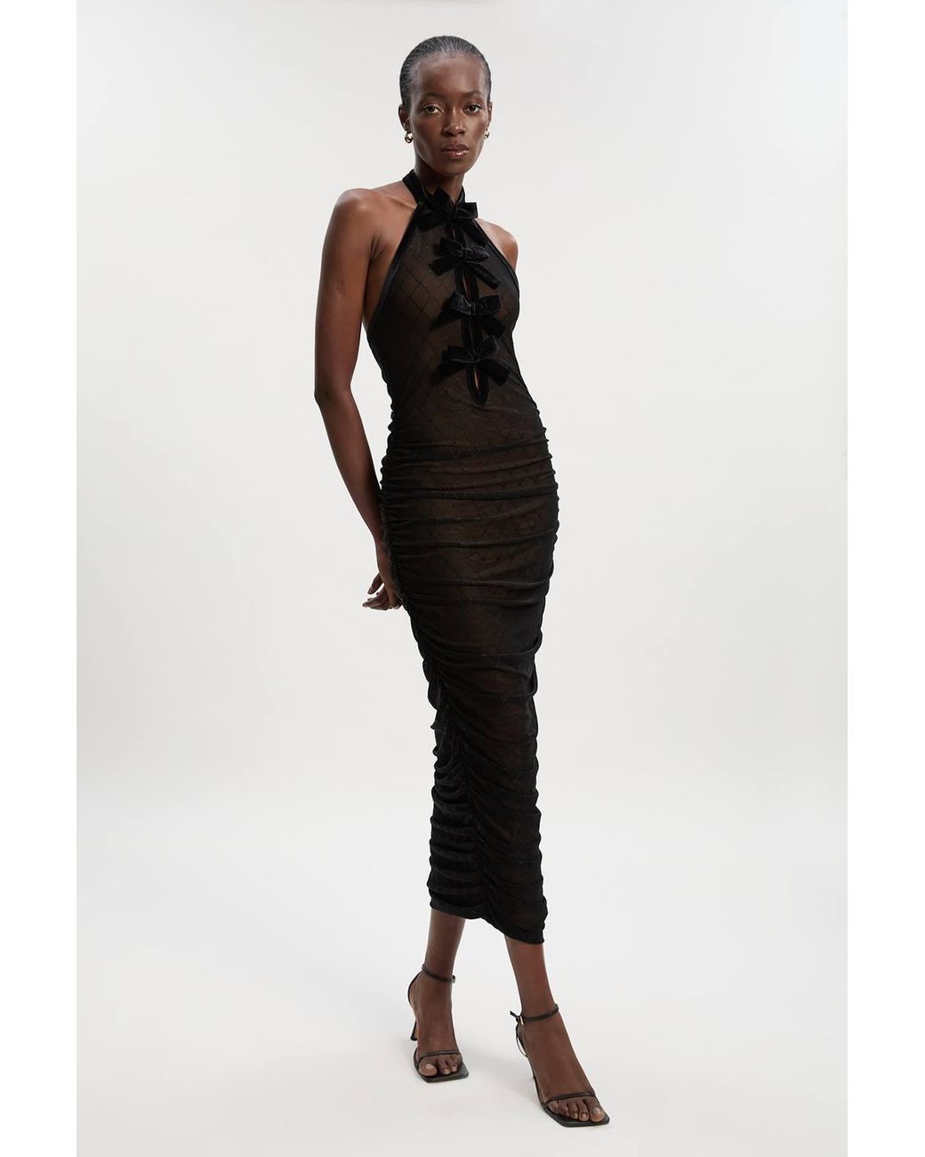 Karen Millen Black Mesh With Velvet Bow Trim Detail Halter Neck Midi Dress