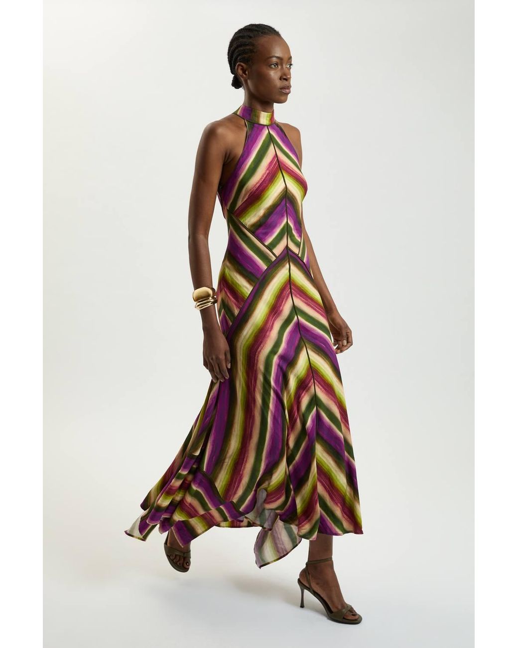 Karen Millen Purple Multi Fluid Stripe Cotton Mix Woven Halter Dress