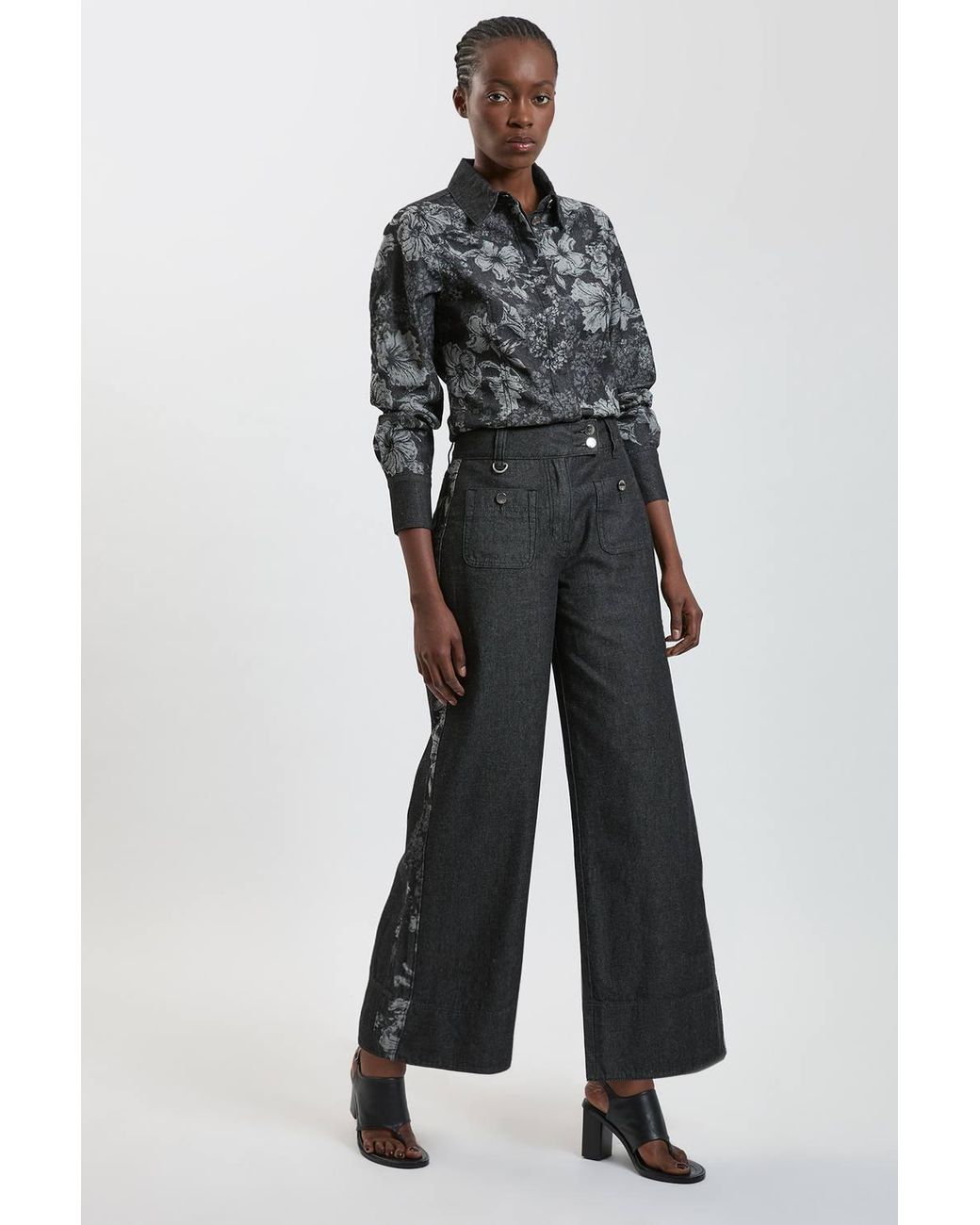 Karen Millen Black Jacquard Denim Contrast Collar And Cuff Shirt