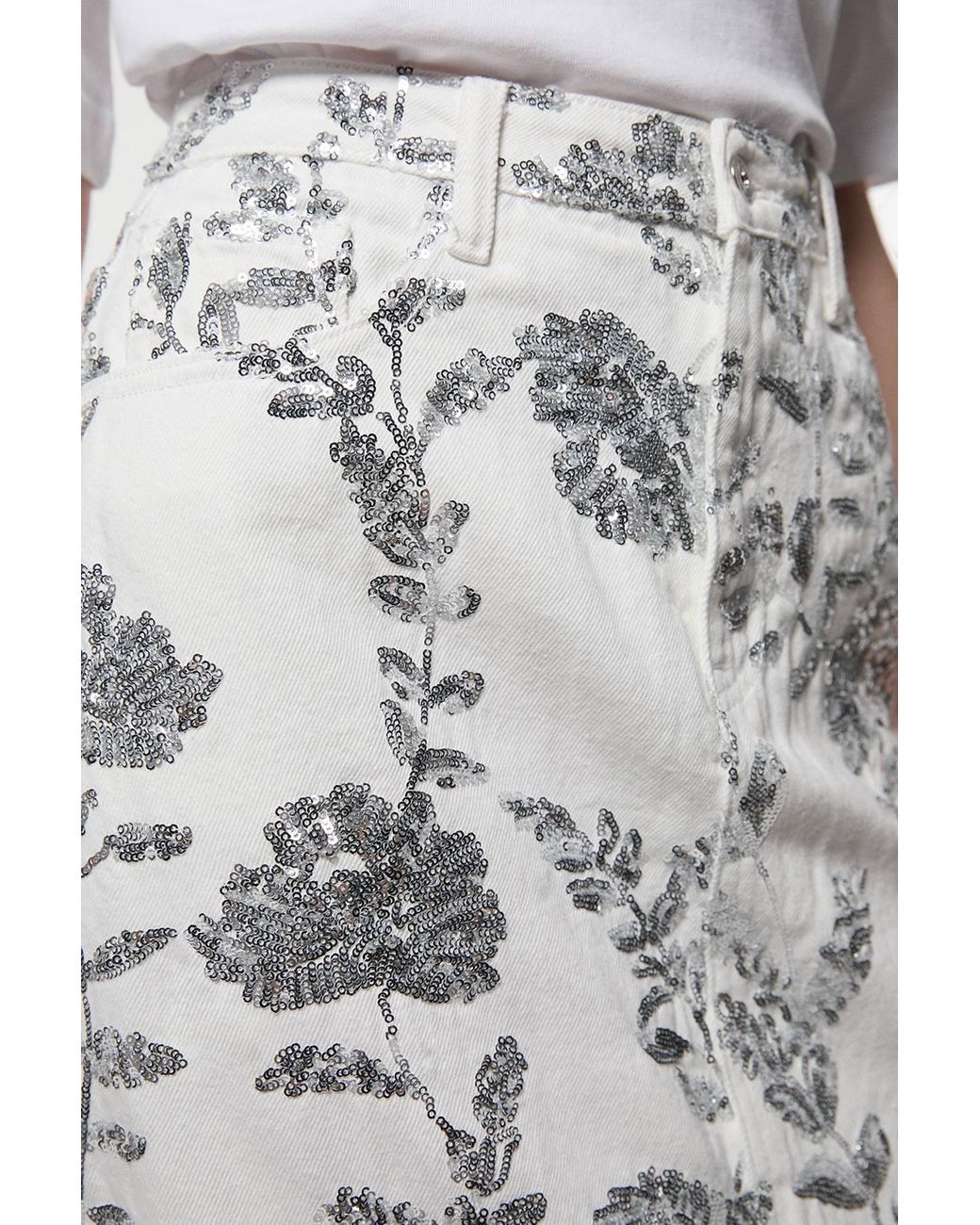 Karen Millen White Denim All Over Floral Sequin Skirt