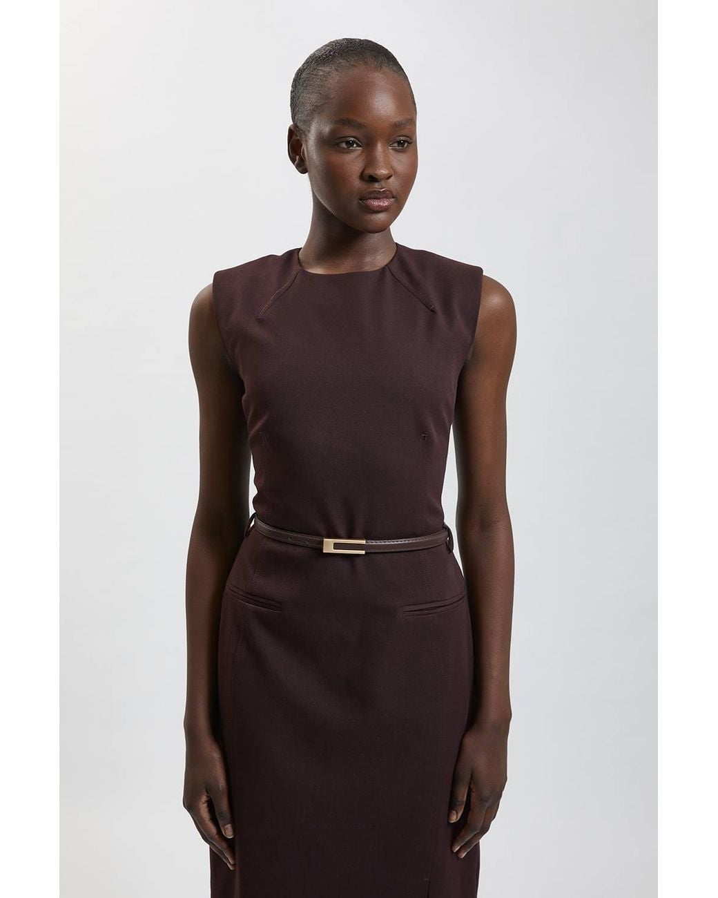 Karen Millen Brown Tailored Belted Midi Skirt Pencil Dress