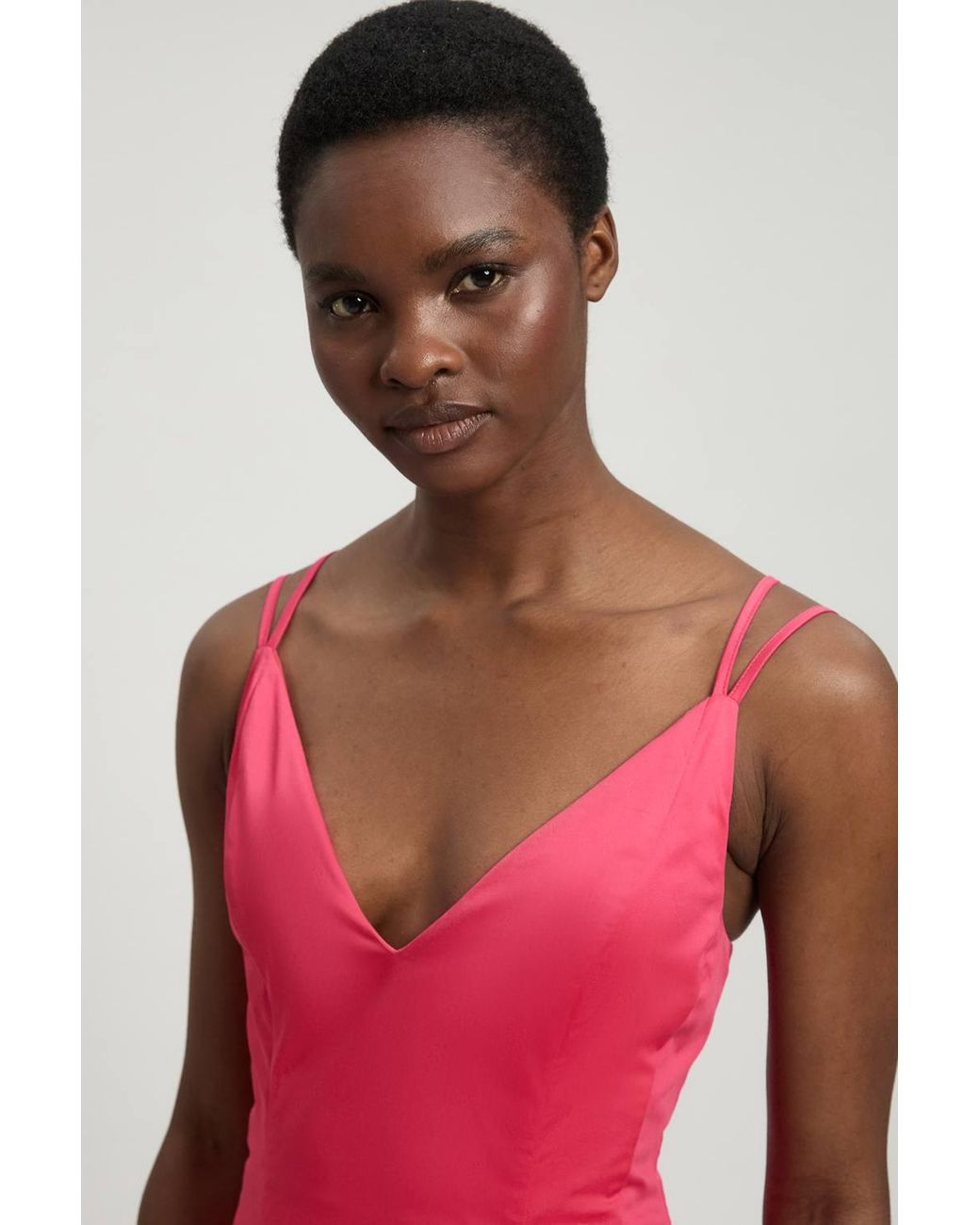 Karen Millen Red Petite Cotton Sateen V Neck Maxi Dress