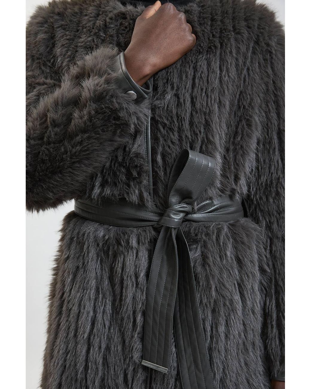 Karen Millen Black Textured Faux Fur Belted Collarless Long Coat