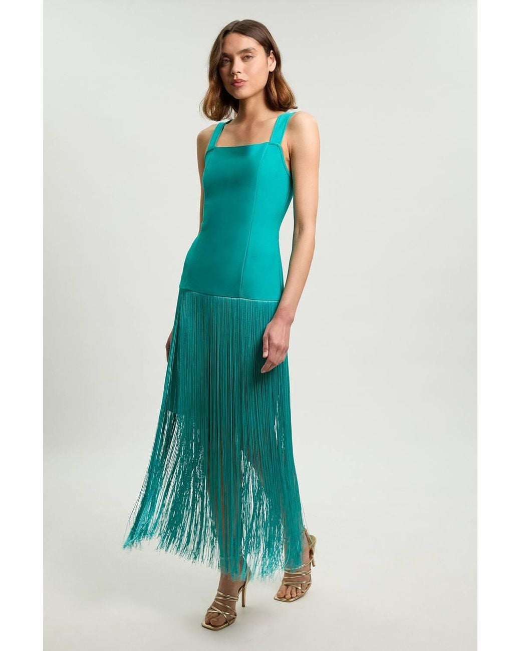 Karen Millen Blue Petite Figure Form Bandage Strappy Tassel Hem Knitted Dress