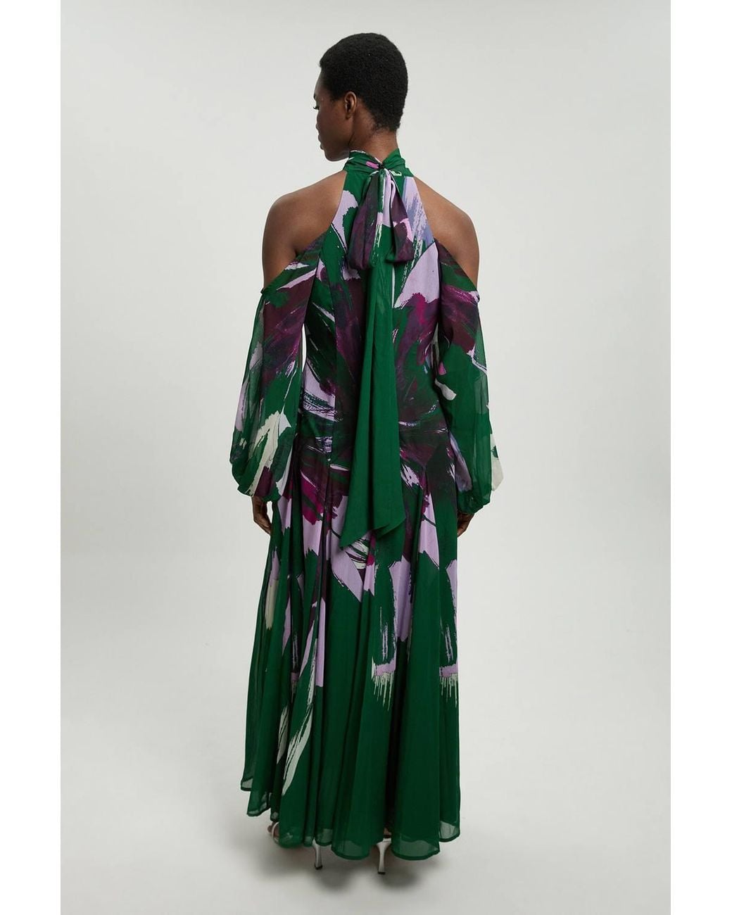 Karen Millen Green Petite Photographic Floral Crinkle Georgette High Neck Cold Shoulder Woven Maxi Dress