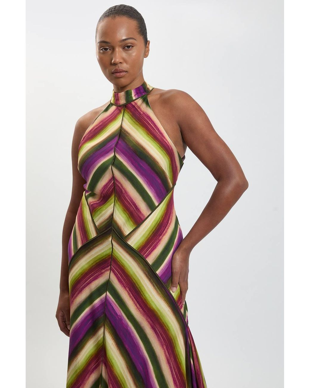 Karen Millen White Plus Size Multi Fluid Stripe Cotton Mix Woven Halter Dress