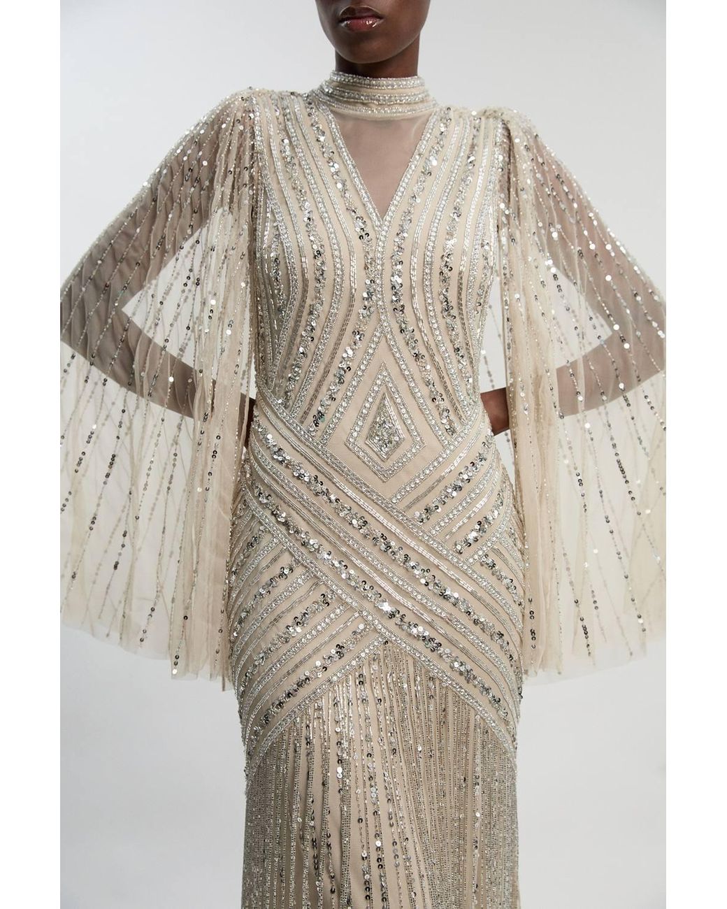 Karen Millen Natural Petite Embellished Woven Maxi Dress With Cape Sleeve