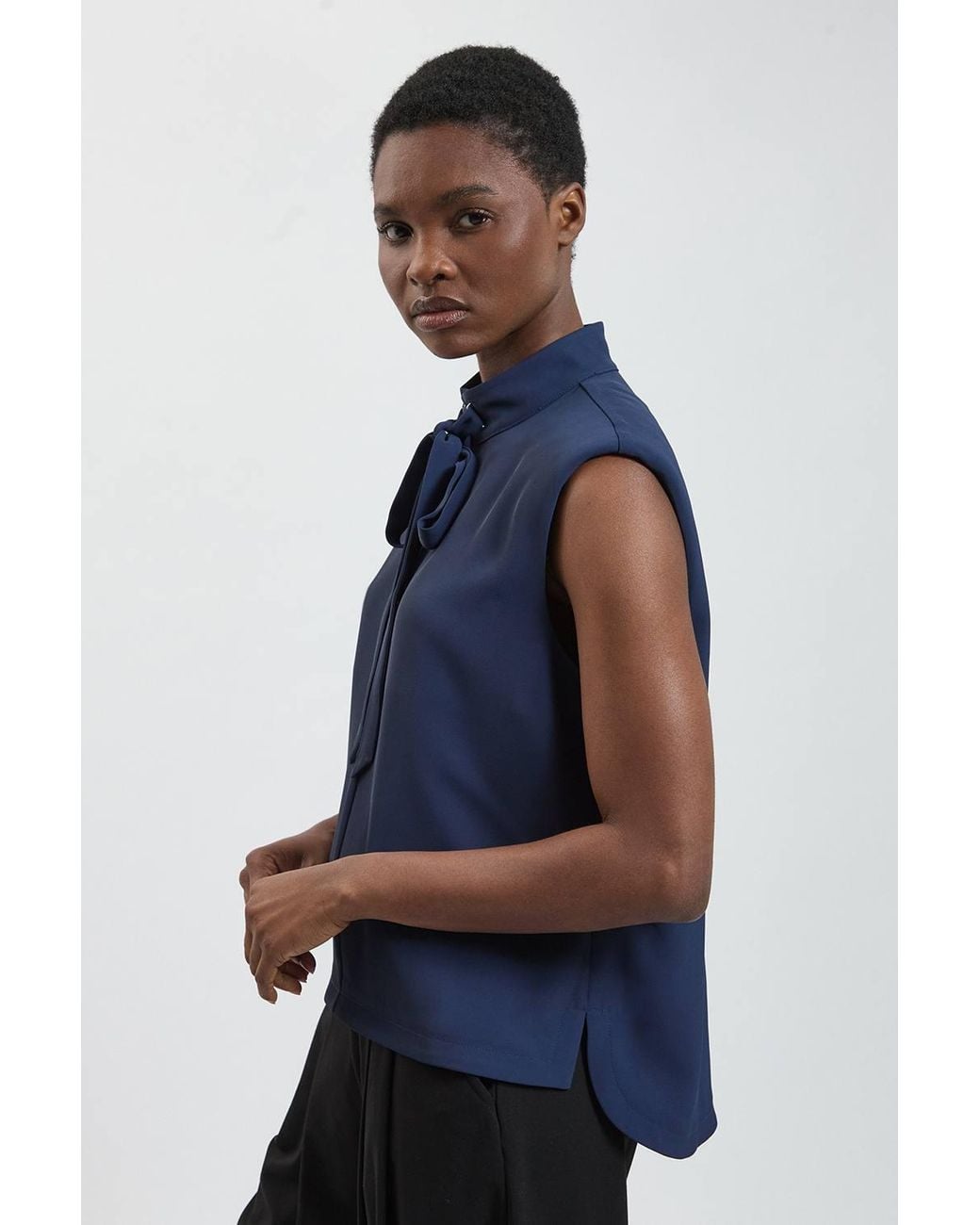 Karen Millen Blue Strong Shoulder Tie Front Sleeveless Top