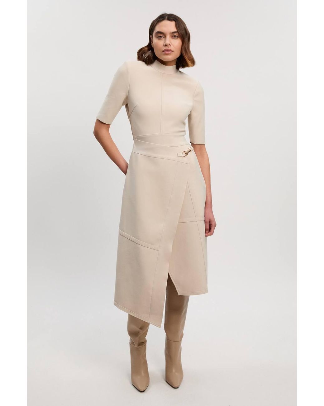 Karen Millen Natural Figure Form Bandage Asymmetric Knit Midi Dress