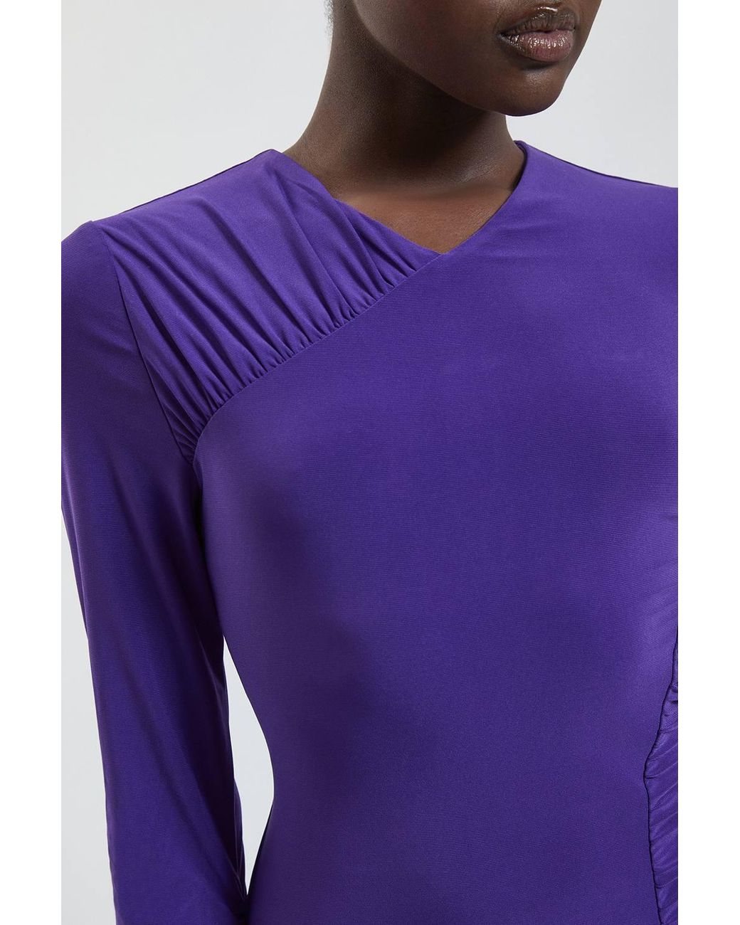 Karen Millen Purple Petite Long Sleeve Slinky Drape Ruched Detail Maxi Dress