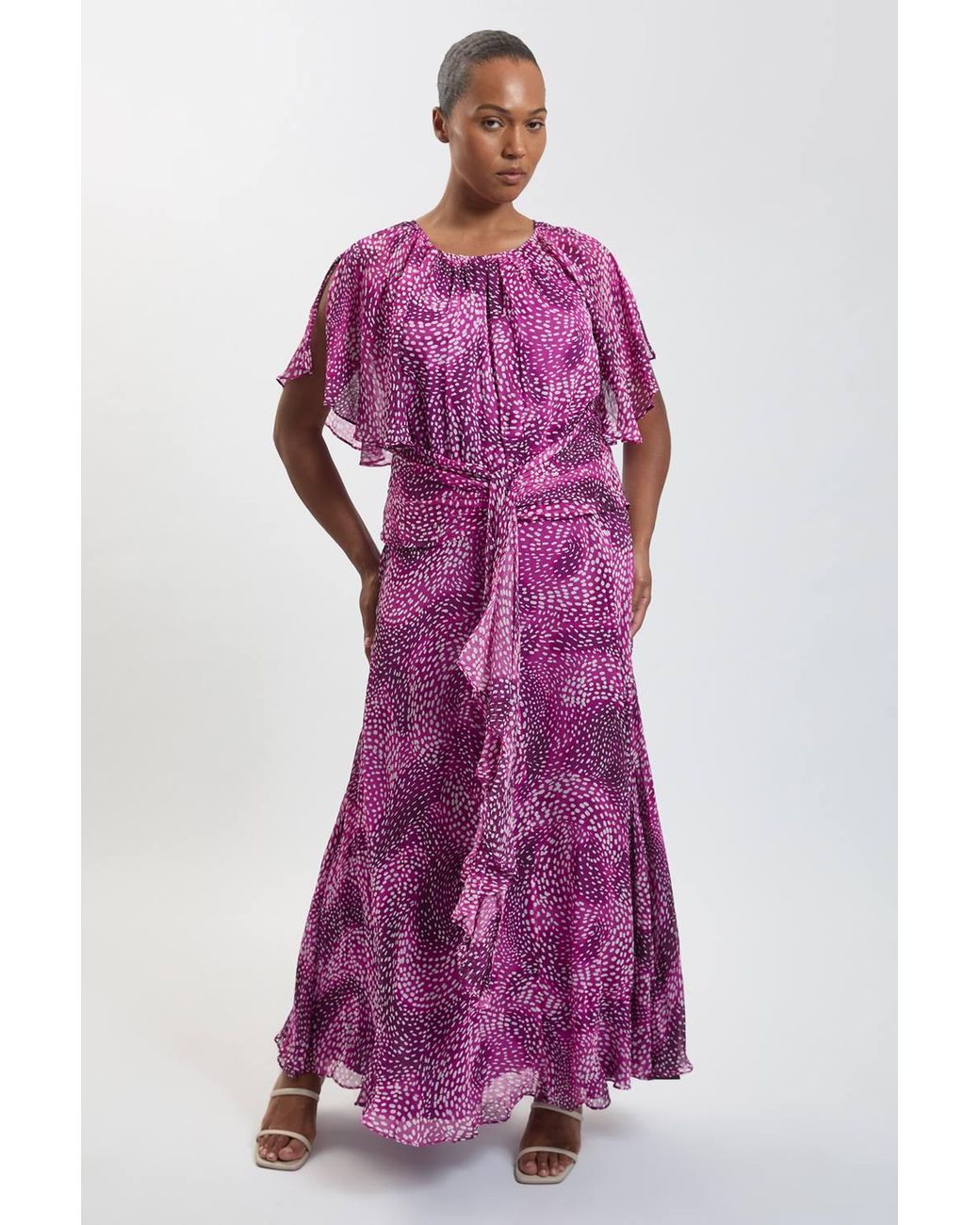 Karen Millen Purple Plus Size Spot Print Viscose Georgette Cape Sleeve Ruffle Woven Maxi Dress