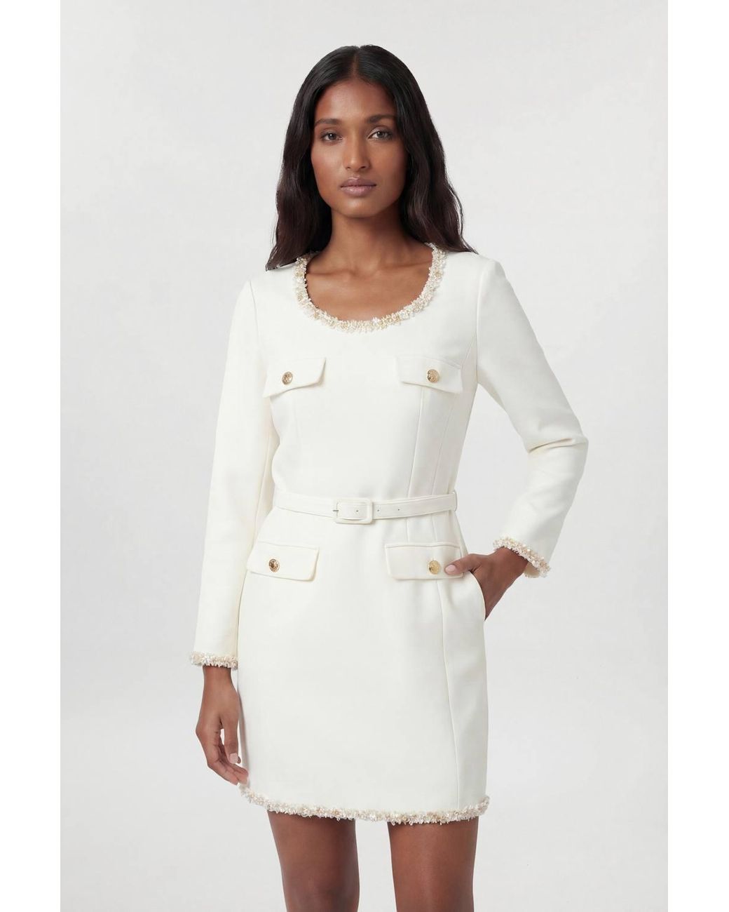 Karen Millen White Petite Tweed Embellished Trim Tailored Belted Mini Dress