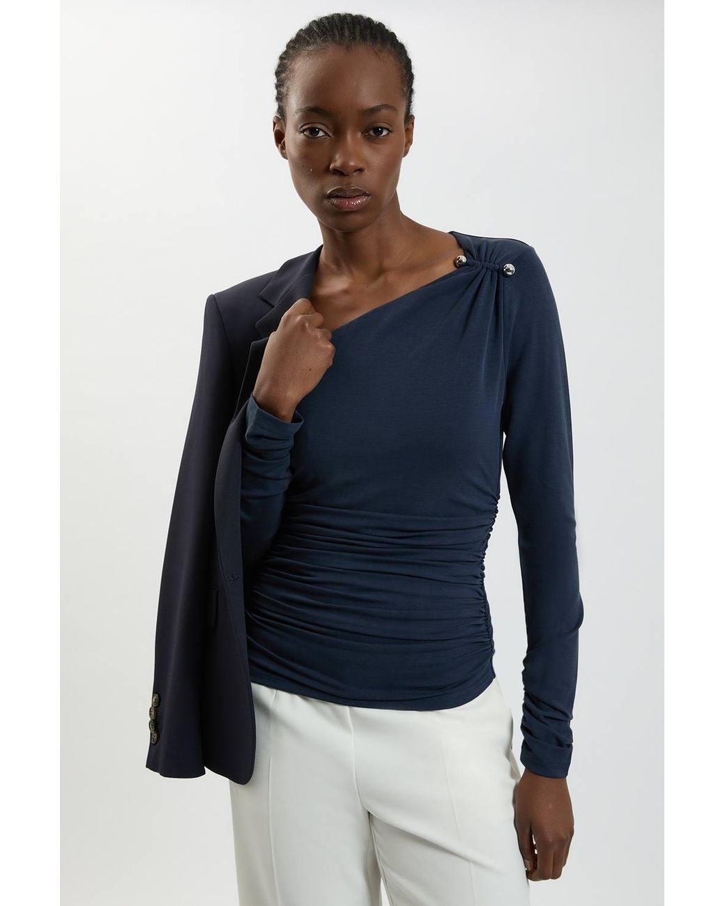 Karen Millen Blue Viscose Metal Clasp Detail Jersey Top