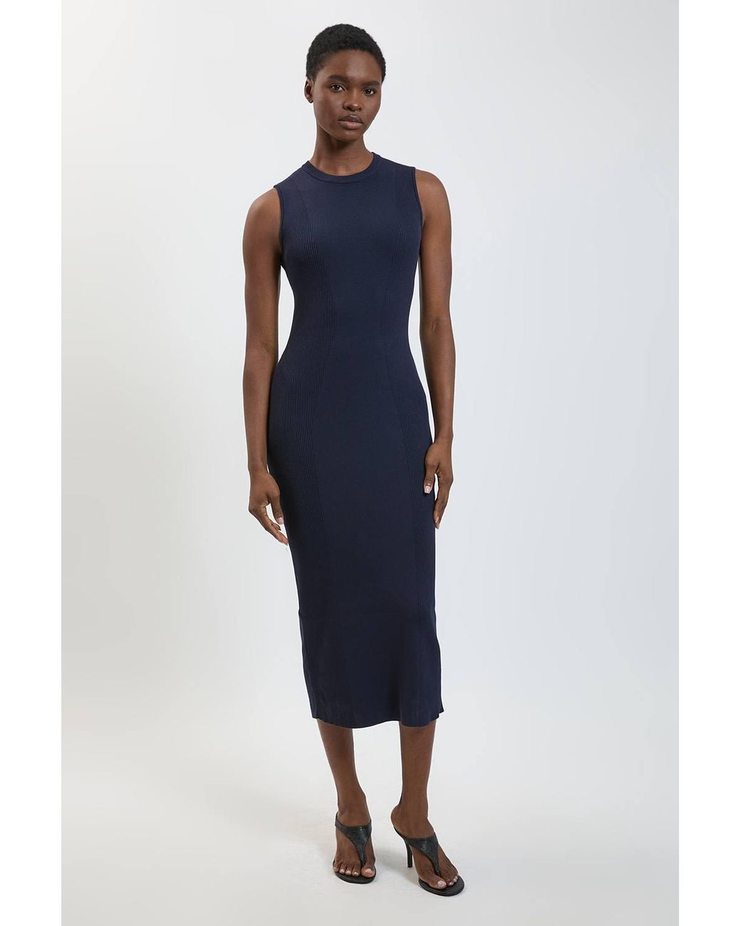 Karen Millen Blue Rib Knitted Crew Neck Midi Dress