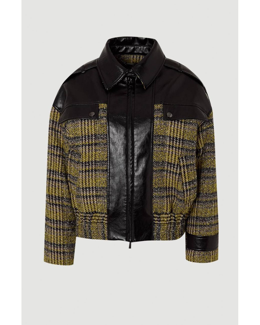 Karen Millen Gray Wool Tweed And Faux Leather Mix Short Coat