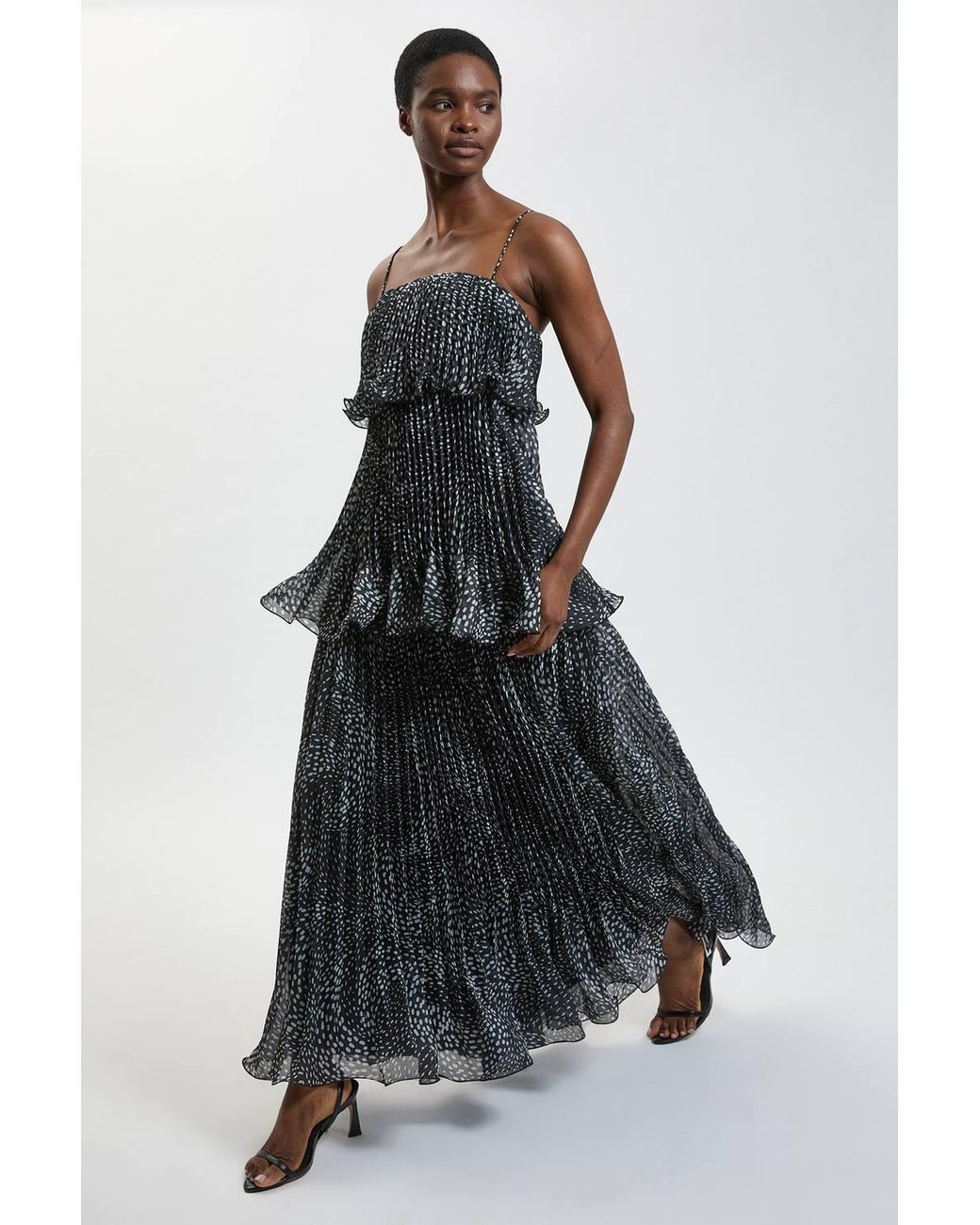 Karen Millen Black Spot Print Pleated Slub Organdie Peplum Woven Maxi Dress