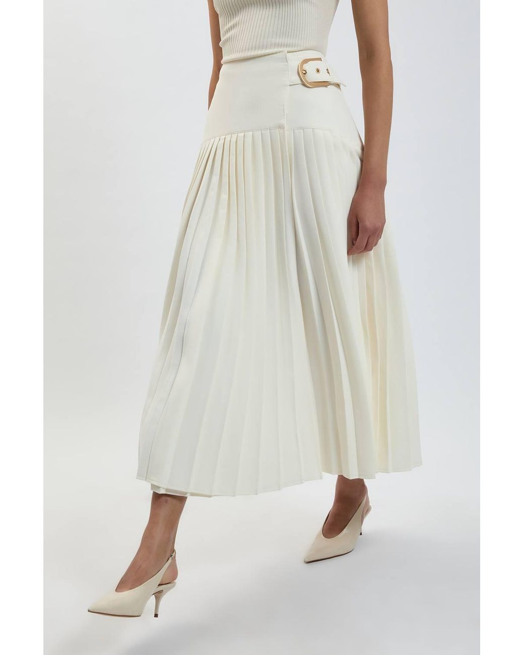 Karen Millen Natural Forever Tailored Crepe Pleated Wrap Buckle Detail Maxi Skirt