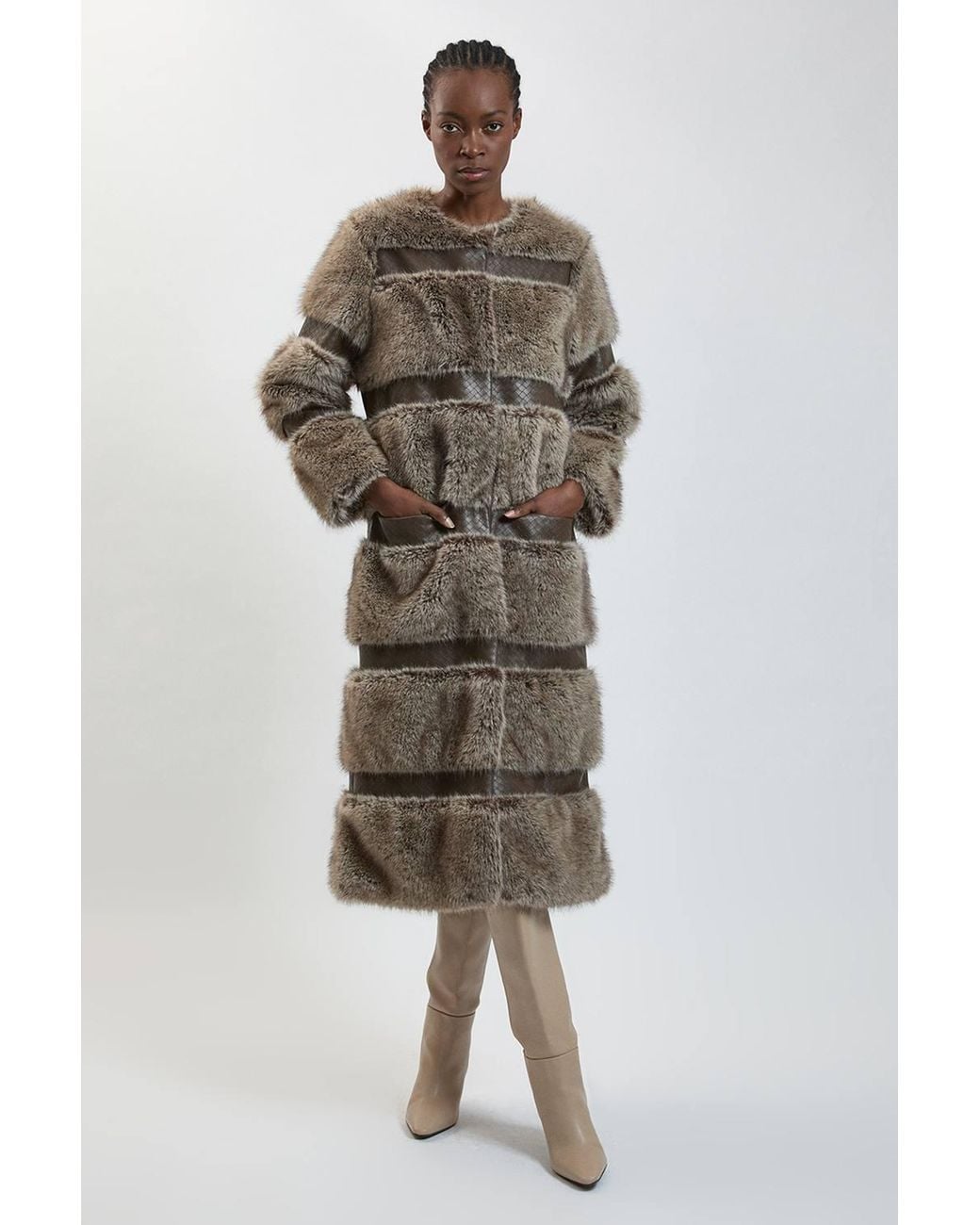 Karen Millen Brown Faux Fur & Faux Leather Multi Texture Midi Coat
