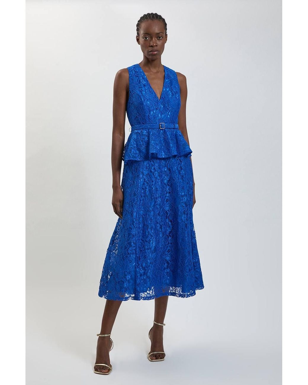 Karen Millen Blue Peplum Detail Belted Lace Midi Dress