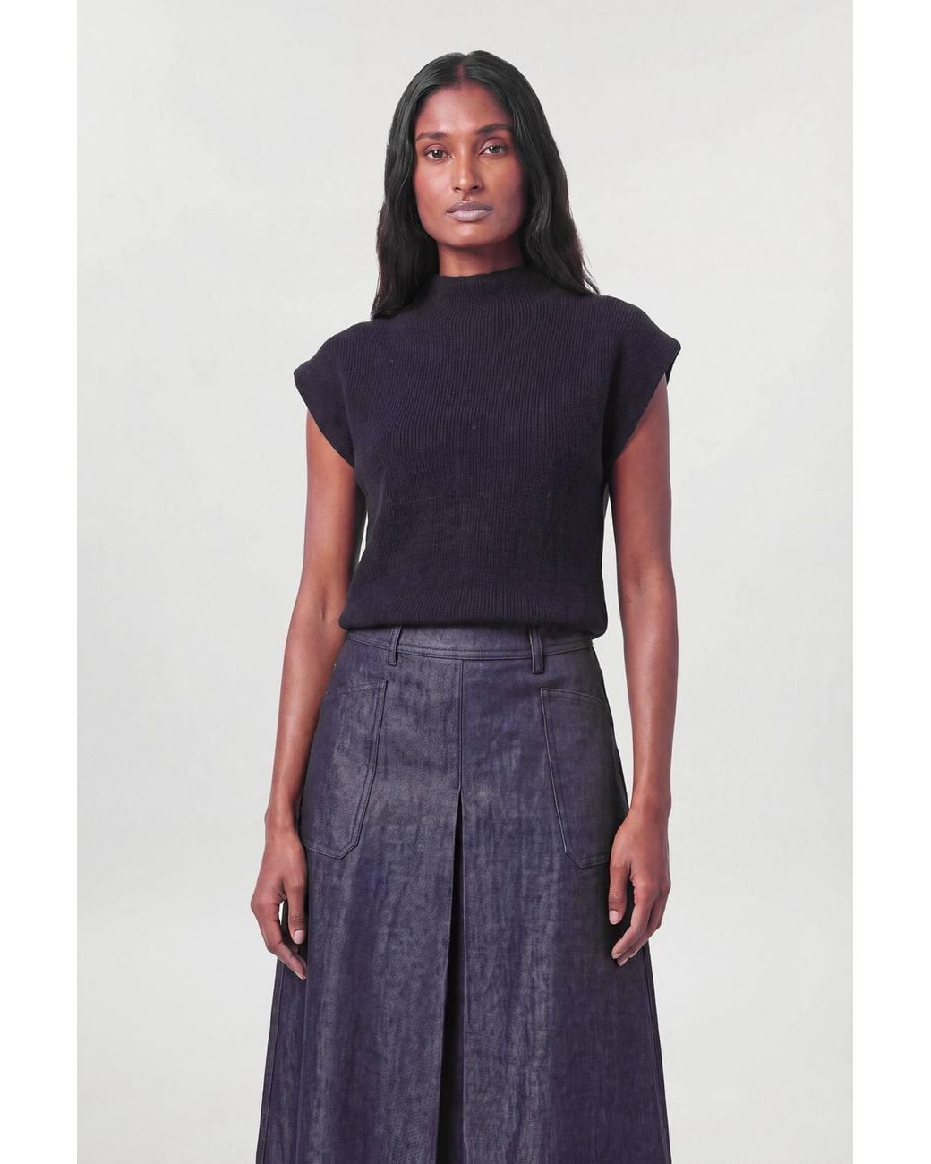 Karen Millen Blue Metallic Denim Coated Aline Skirt