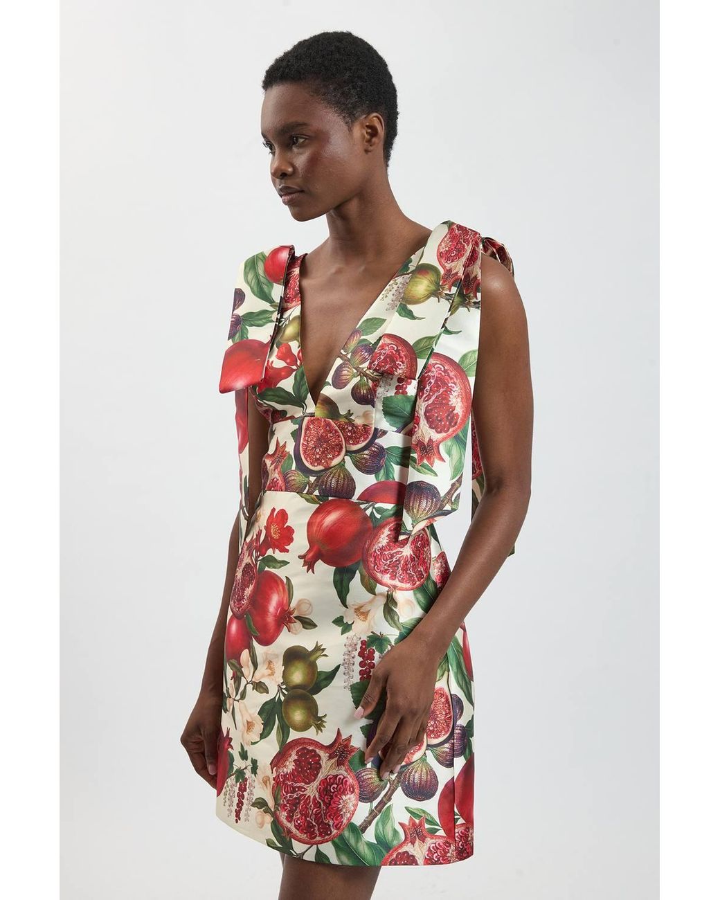Karen Millen Red Fruit Print Tie Shoulder Twill Mini Dress