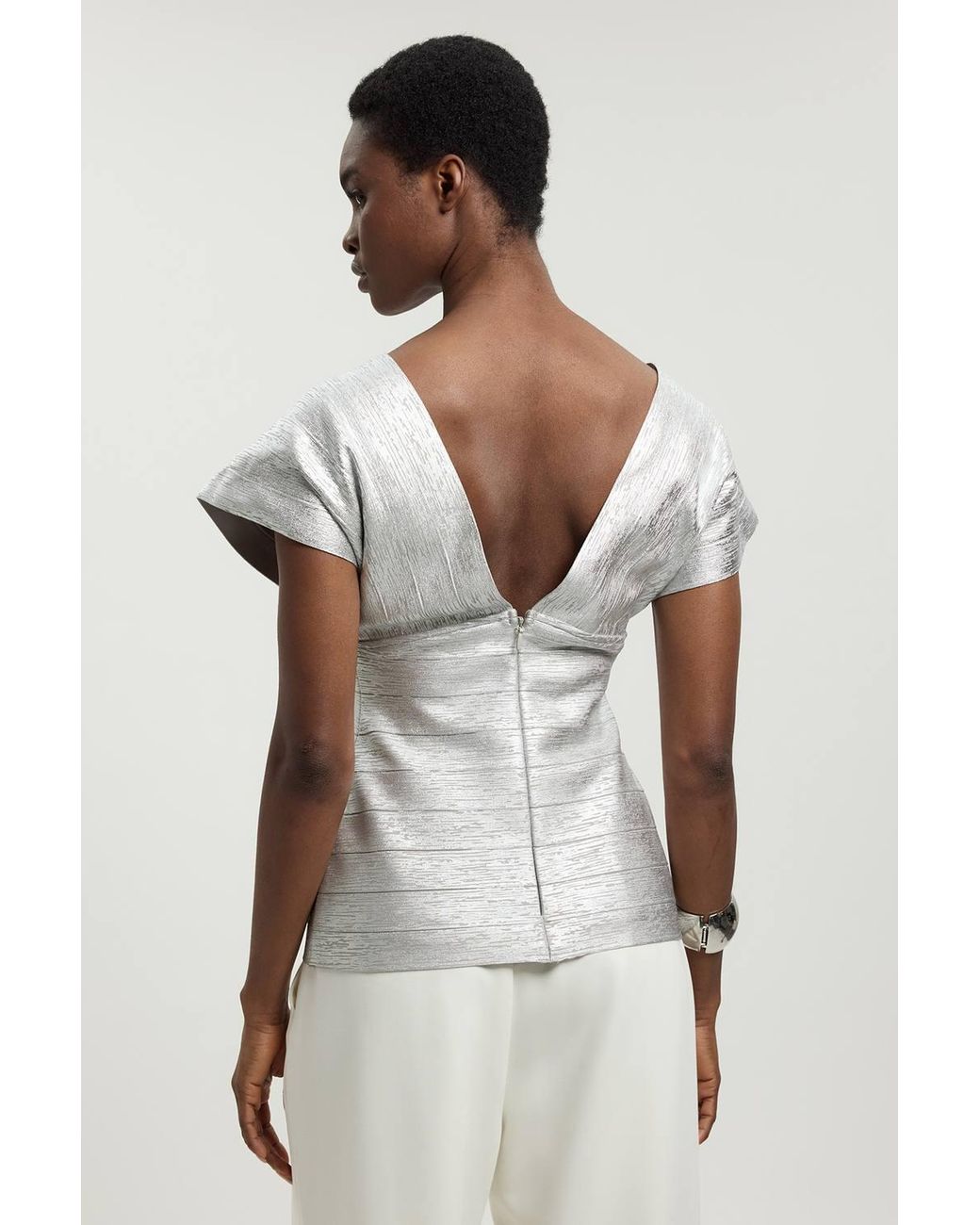 Karen Millen White Foil Metallic Figure Form Bandage Angel Sleeve Top