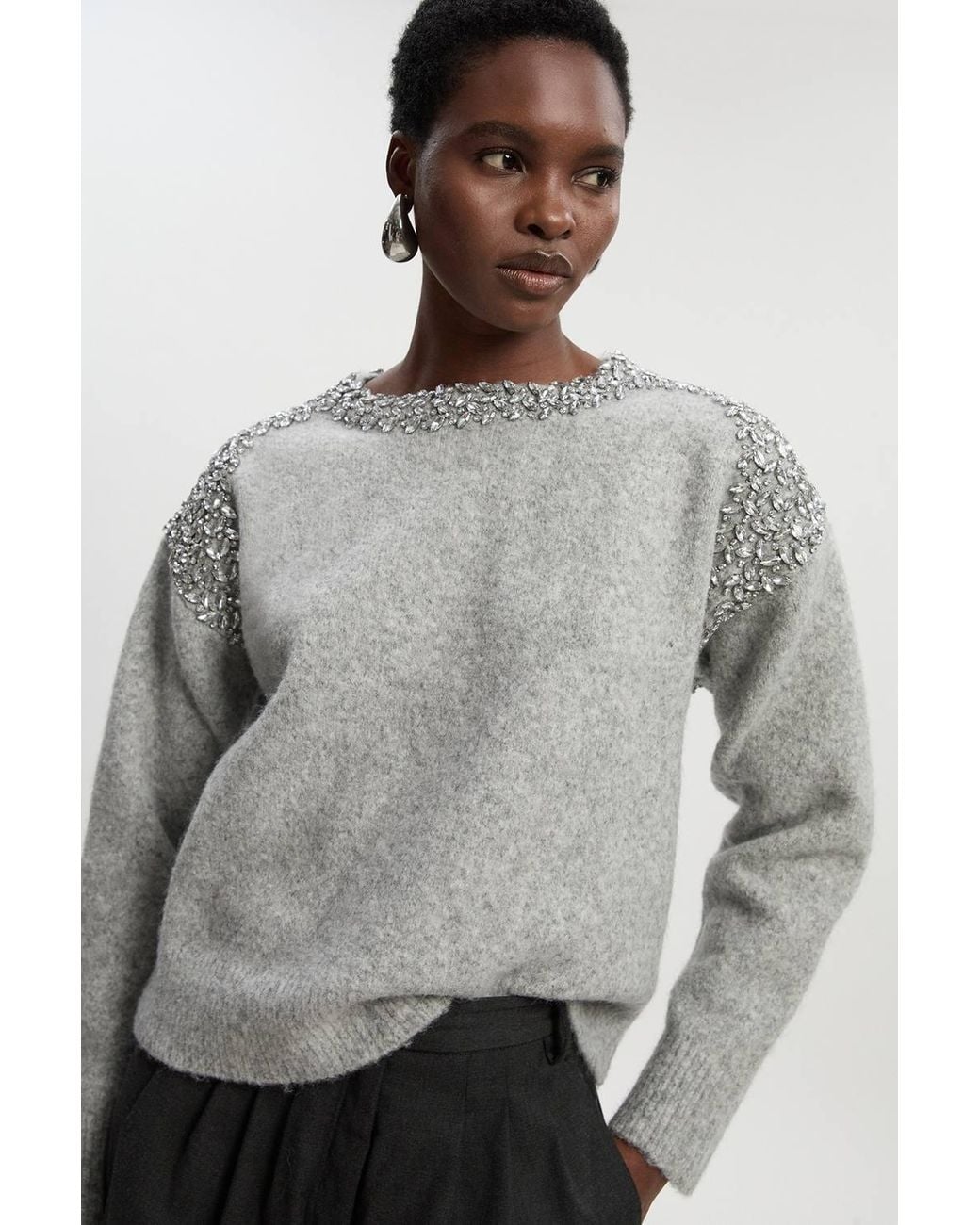 Karen Millen Gray Embellished Trim Cosy Knit Jumper