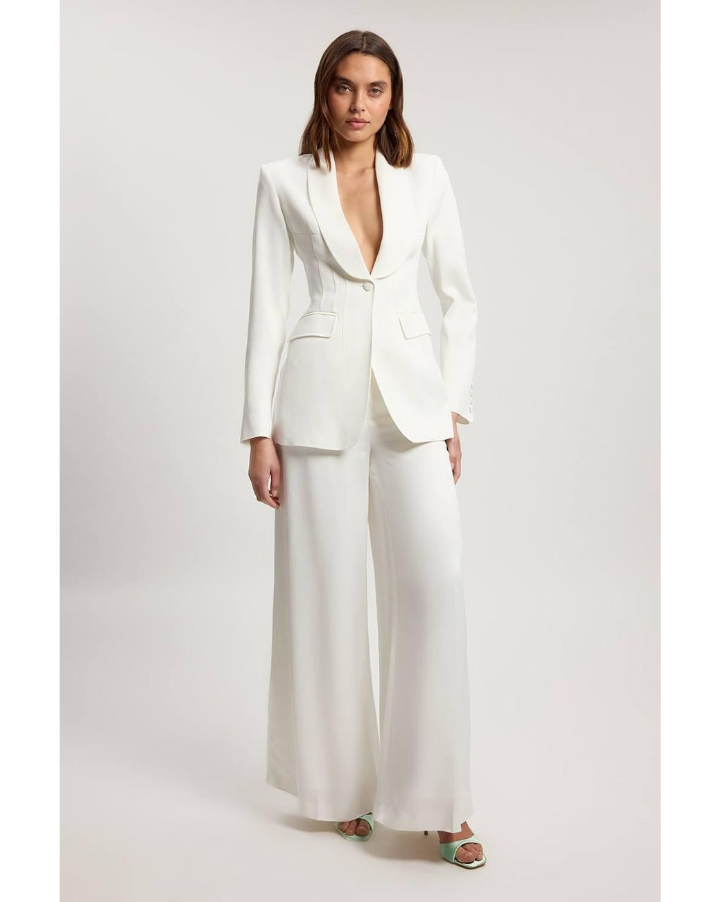 Karen Millen White Structured Satin Viscose Tailored Blazer
